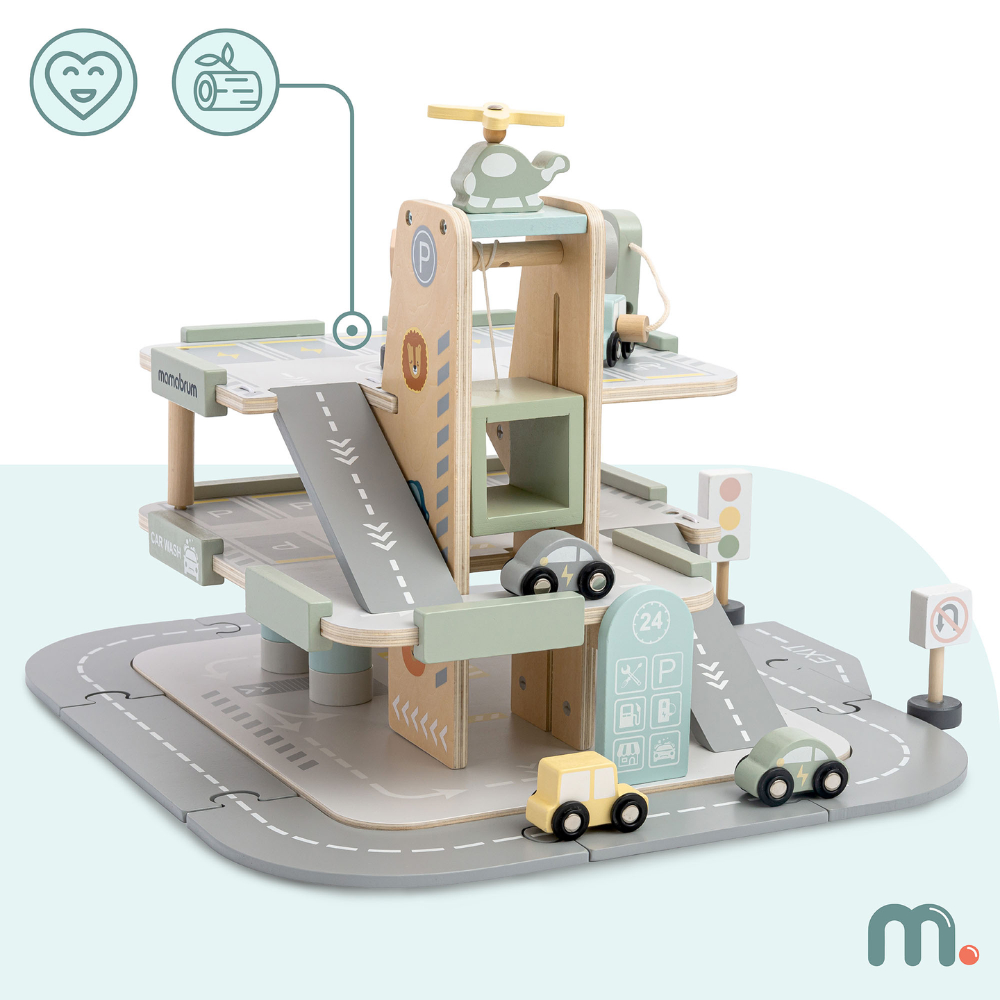 Garaje de madera de tres plantas para niños con accesorios: aparcamiento, gasolinera, lavadero de coches, helicóptero.