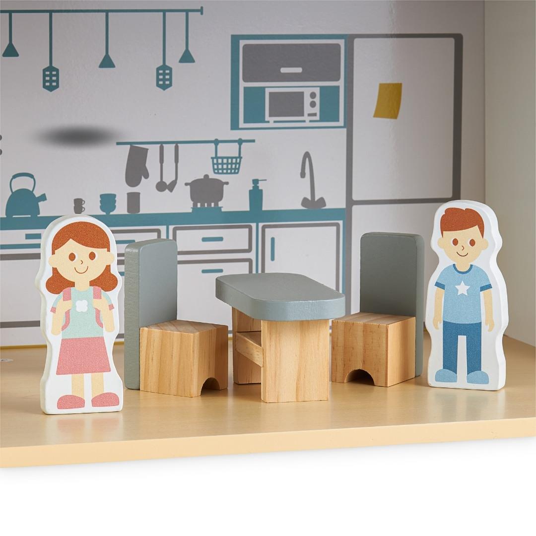 Casa de muñecas de madera blanca con terraza y accesorios