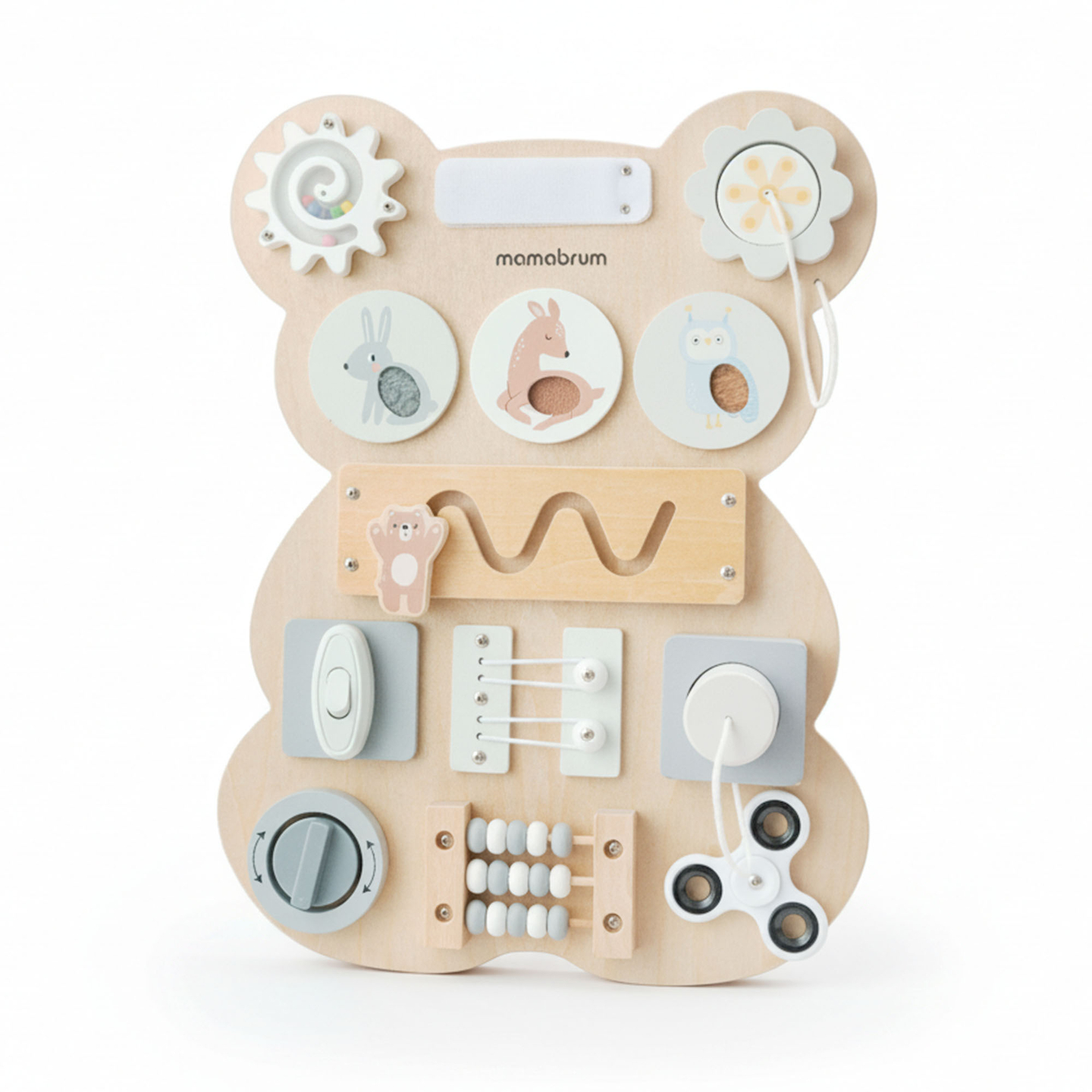 Tablero manipulativo de madera Montessori con forma de osito de peluche: aprendizaje sensorial de la independencia: velcro, enchufe, laberinto, botón de clic