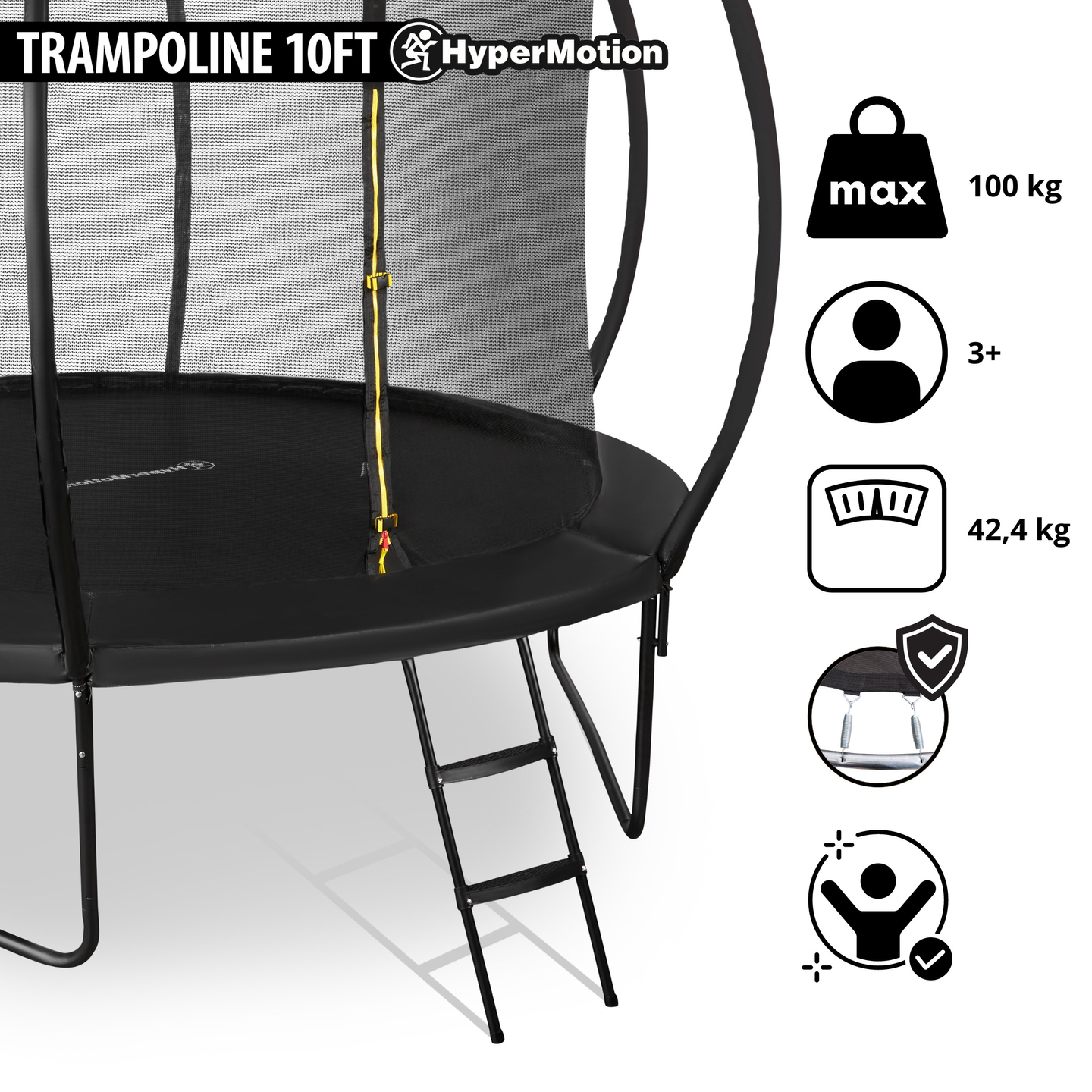 Trampolín de jardín XL para niños HyperMotion - 305 cm 10FT - con escalera y red interna - para casa y jardín