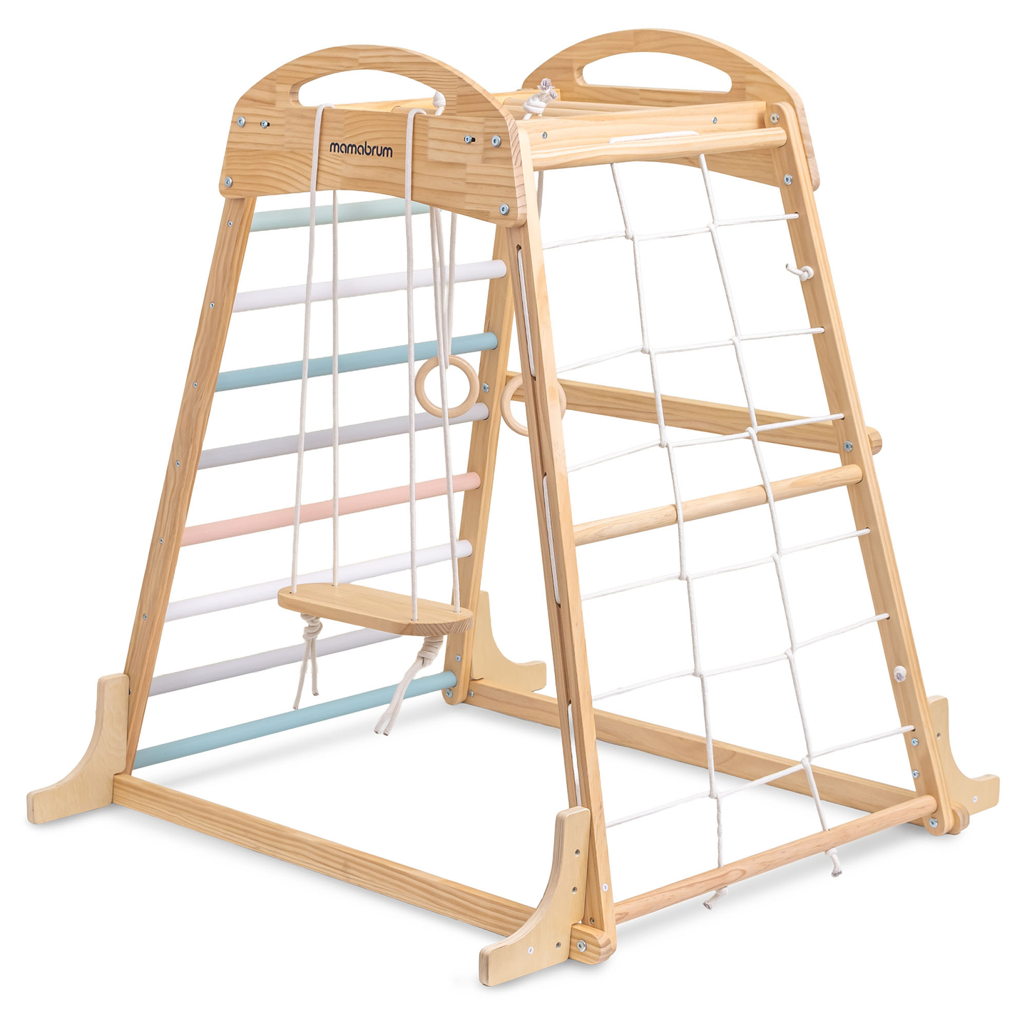 Parque infantil interior de madera con columpio, anillos de gimnasia y red de escalada.