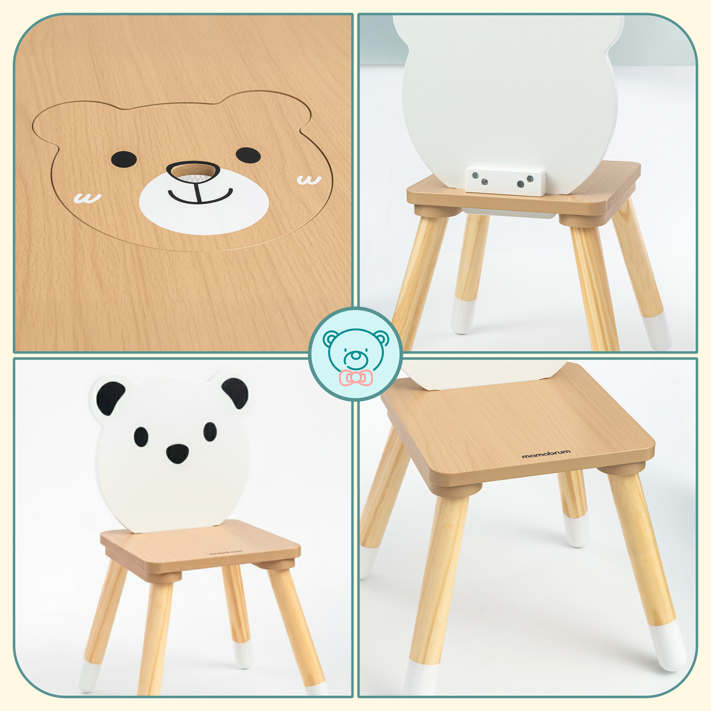 Mesa de madera con almacenaje y 2 sillas Conjunto infantil - Lindo Osito de Peluche