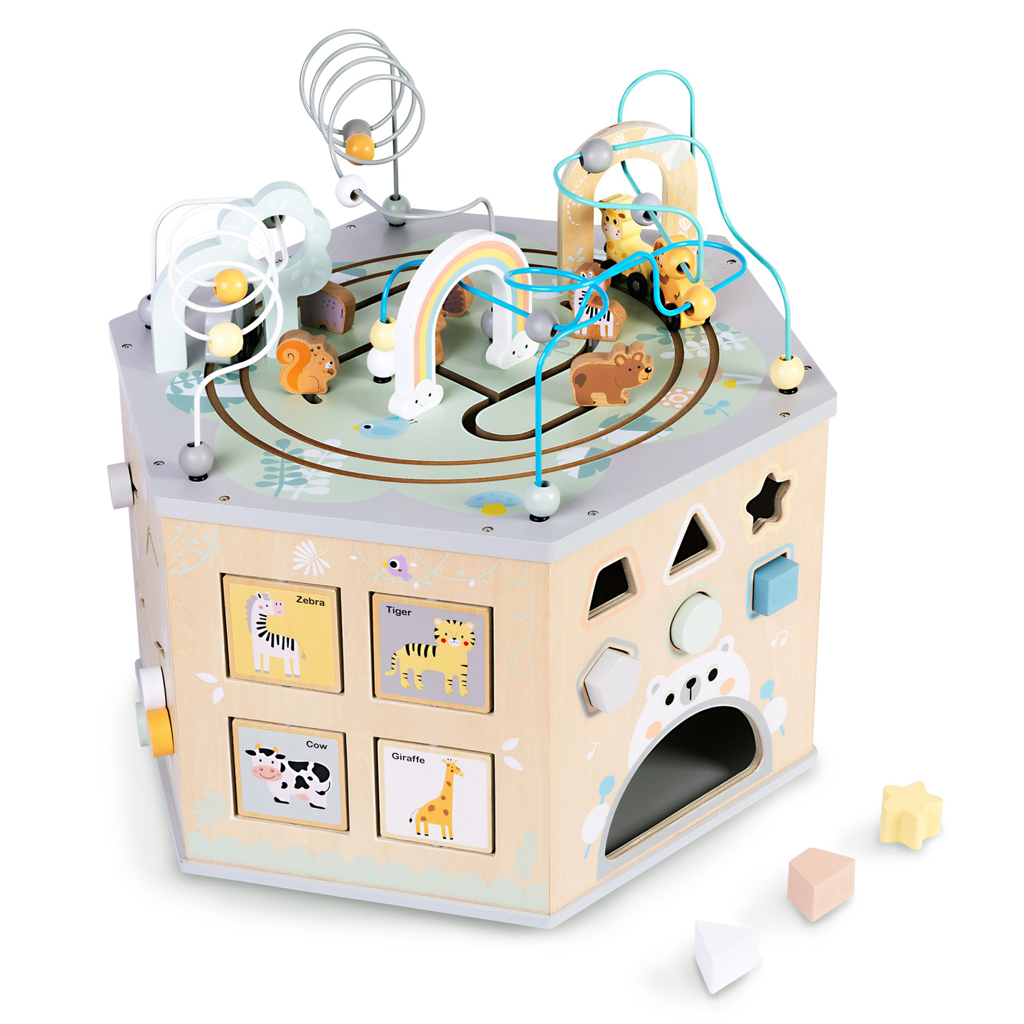 Cubo educativo de madera grande: un juguete Montessori con tren magnético y bucles de motor