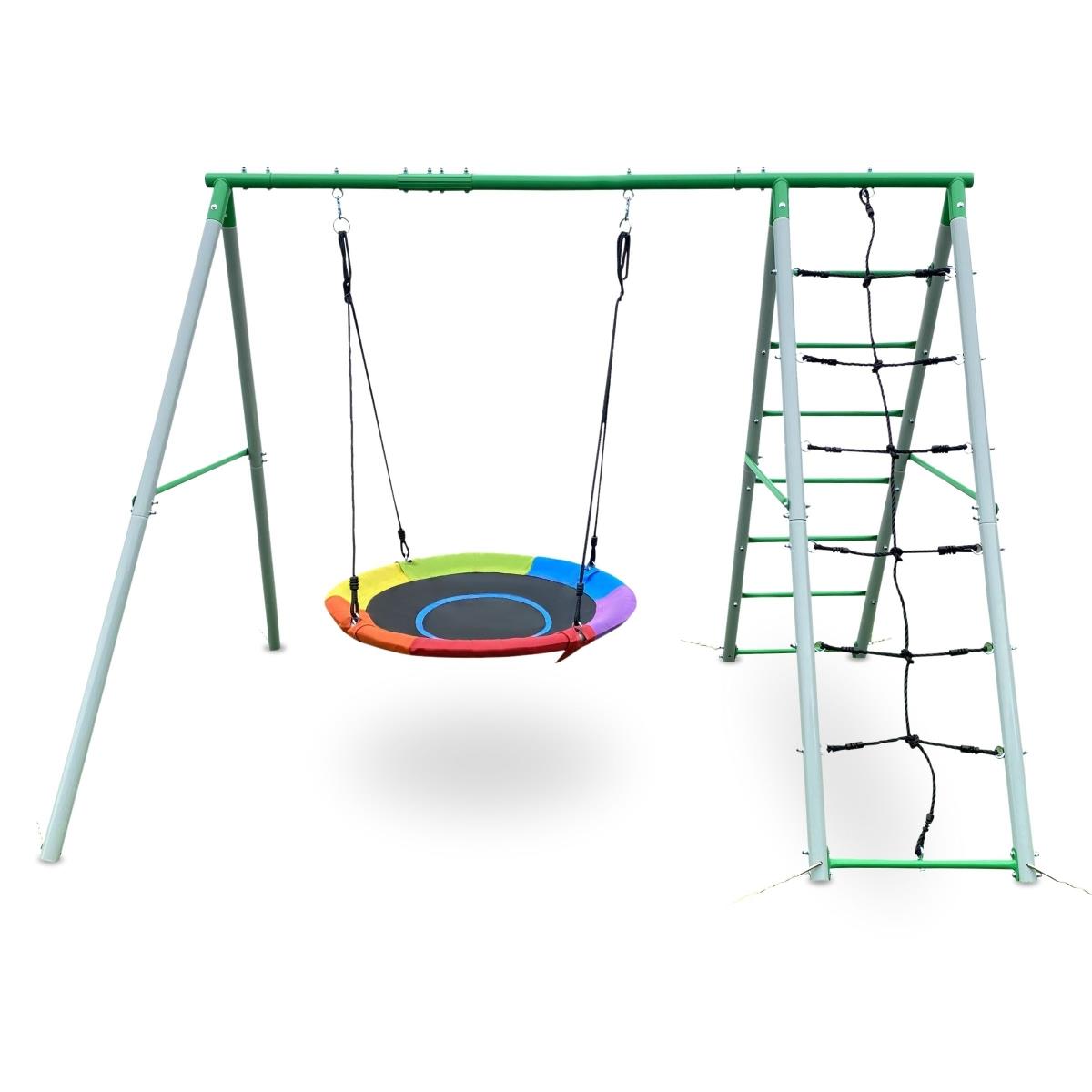 Parque infantil de jardín XL para niños con columpio tipo nido de cigüeña, escalera y red para trepar