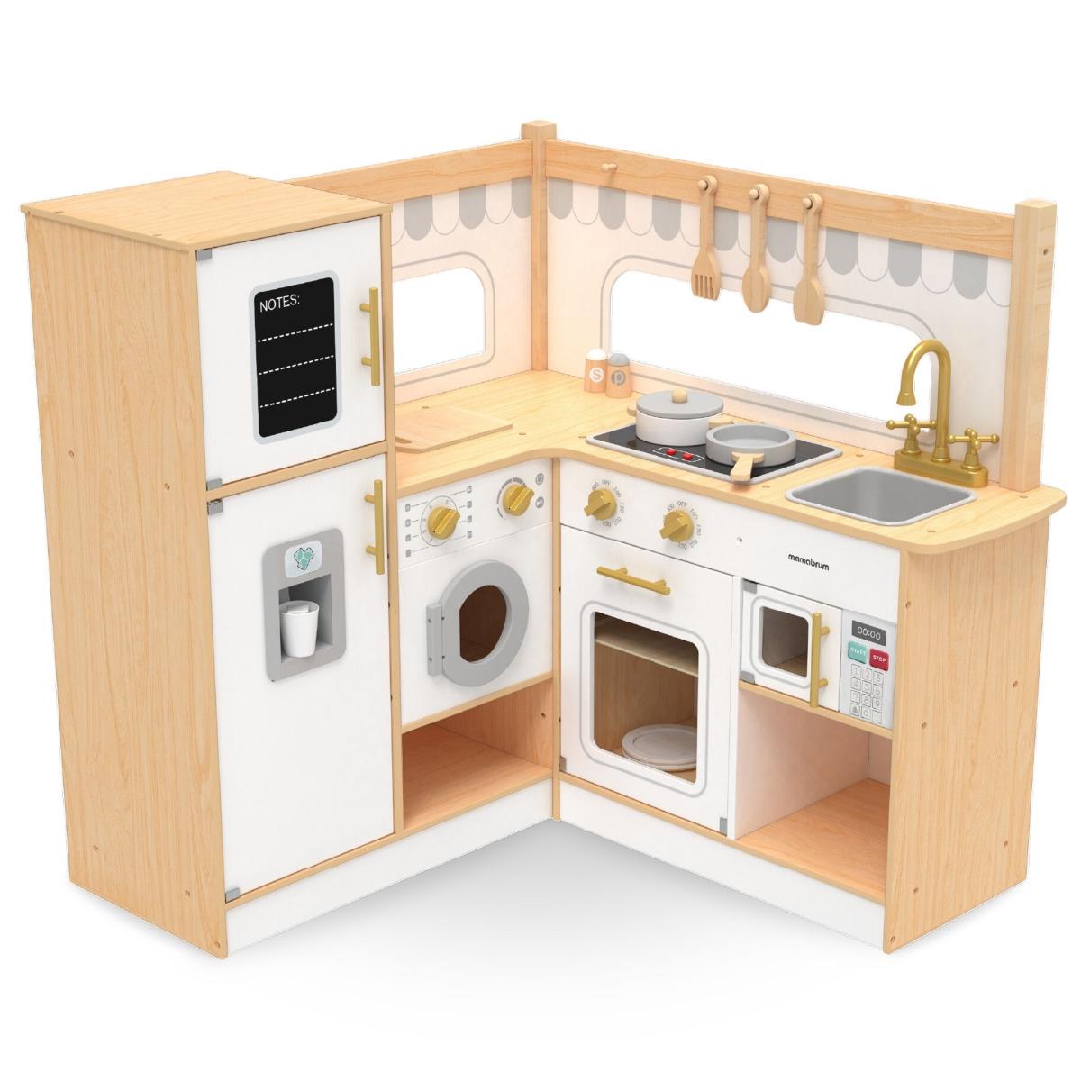 XXXL cocina de esquina interactiva de madera con frigorífico, microondas, horno, lavadora y accesorios - natural
