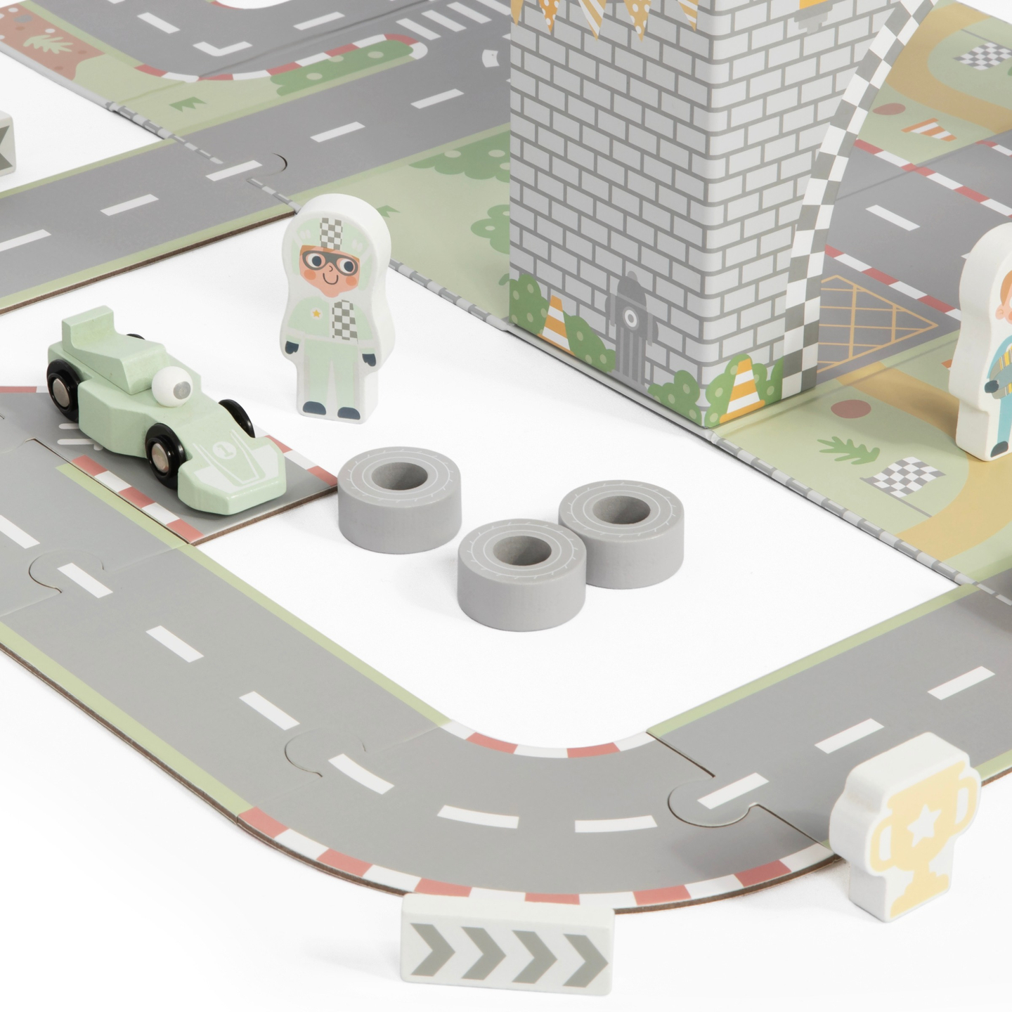 Maleta magnética con pista de carreras, vehículos de madera y accesorios de carretera