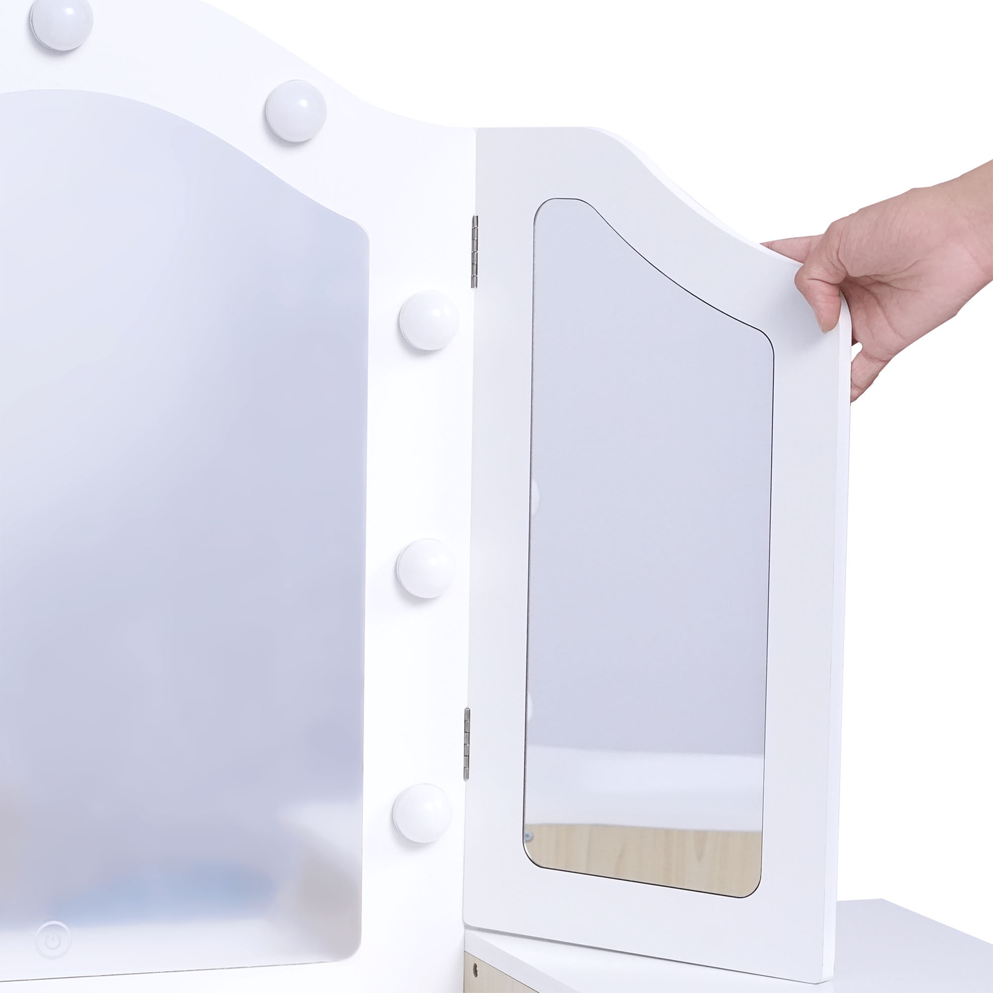 Tocador infantil de madera con silla, accesorios e iluminación LED