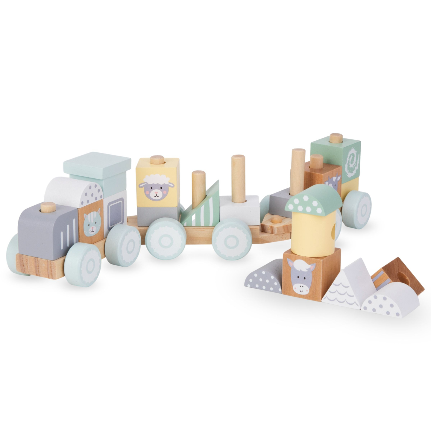 Tren de madera con bloques para niño - Granja
