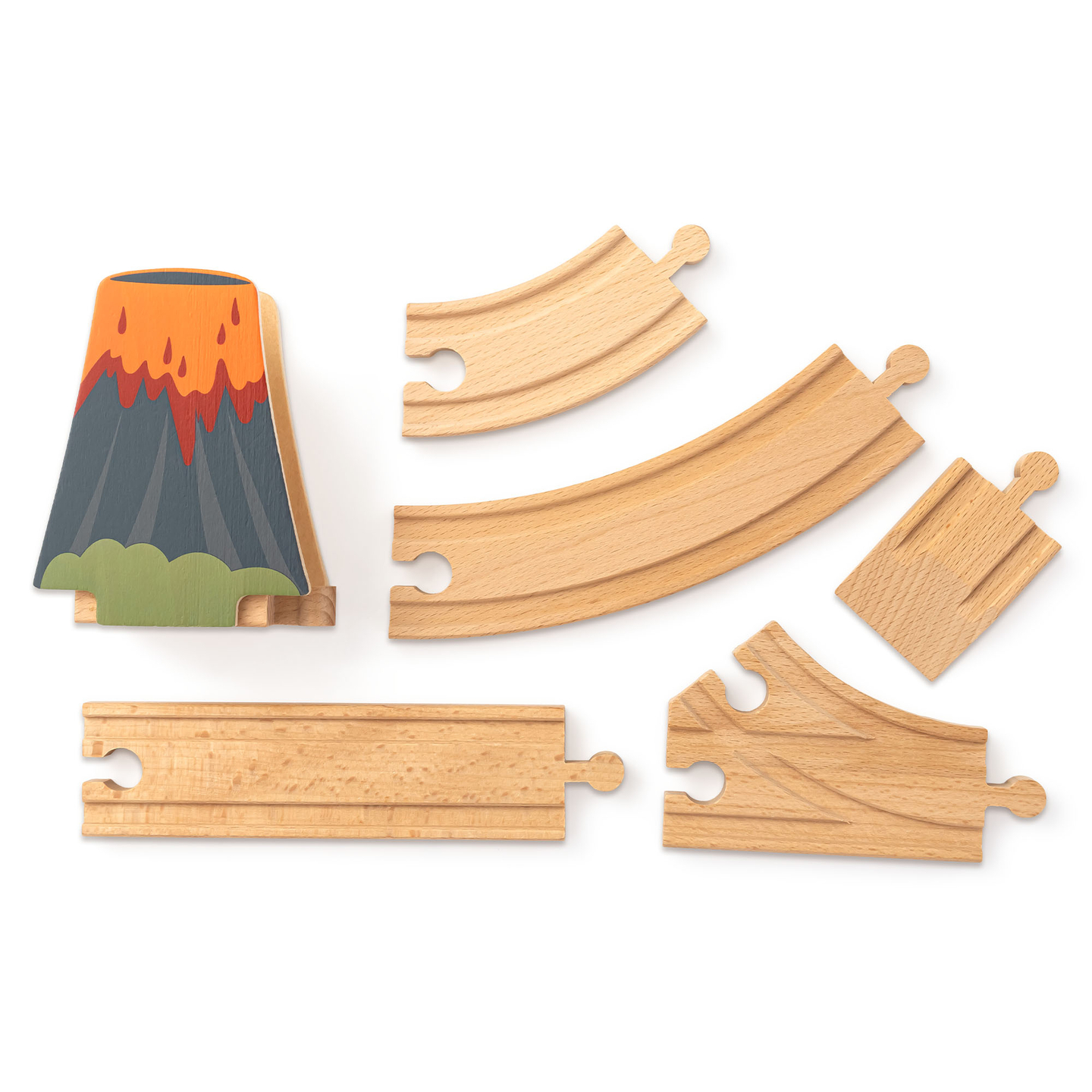 Tren de madera Dino Park con alfombra antideslizante - dinosaurios, tren, vías, volcán, campana