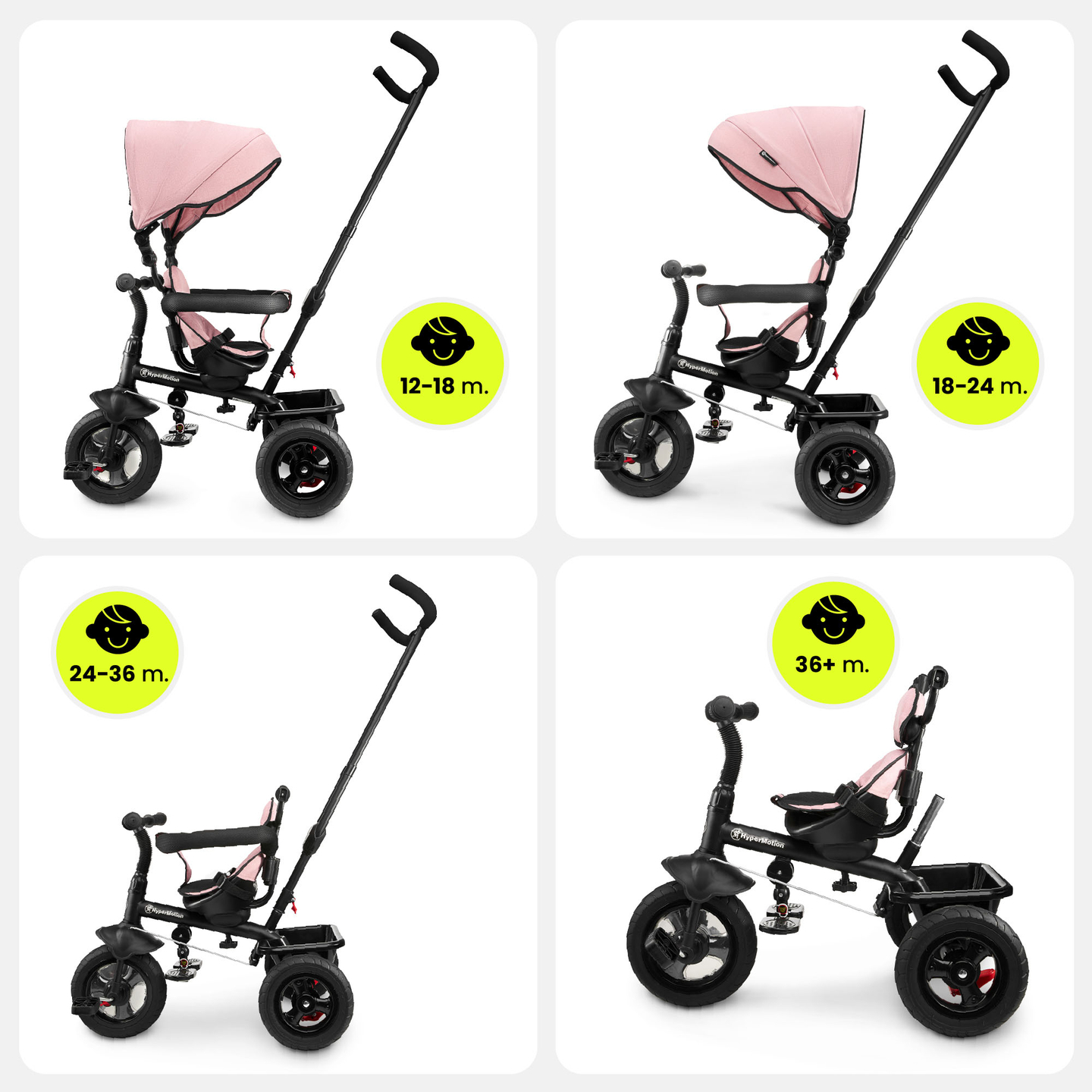 Triciclo para niños de 1 a 4 años - TOBI FREY - rosa - giratorio - ruedas hinchables + empujador