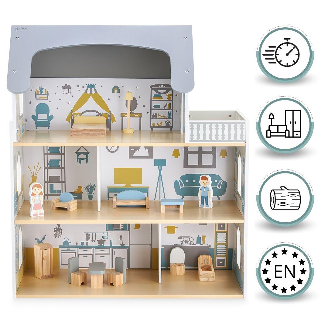 Casa de muñecas de madera blanca con terraza y accesorios