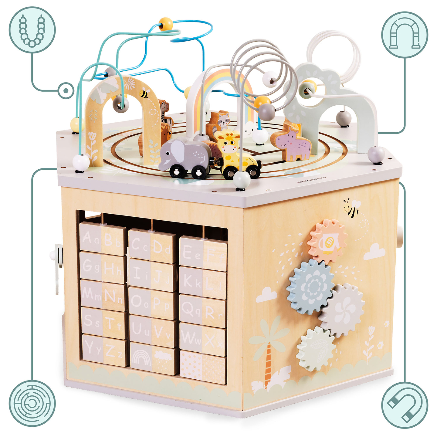 Cubo educativo de madera grande: un juguete Montessori con tren magnético y bucles de motor