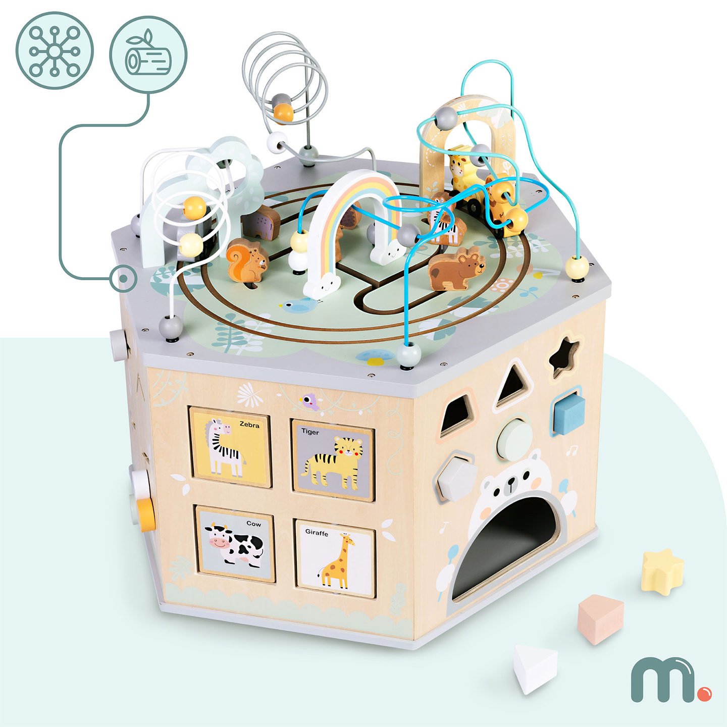 Cubo educativo de madera grande: un juguete Montessori con tren magnético y bucles de motor