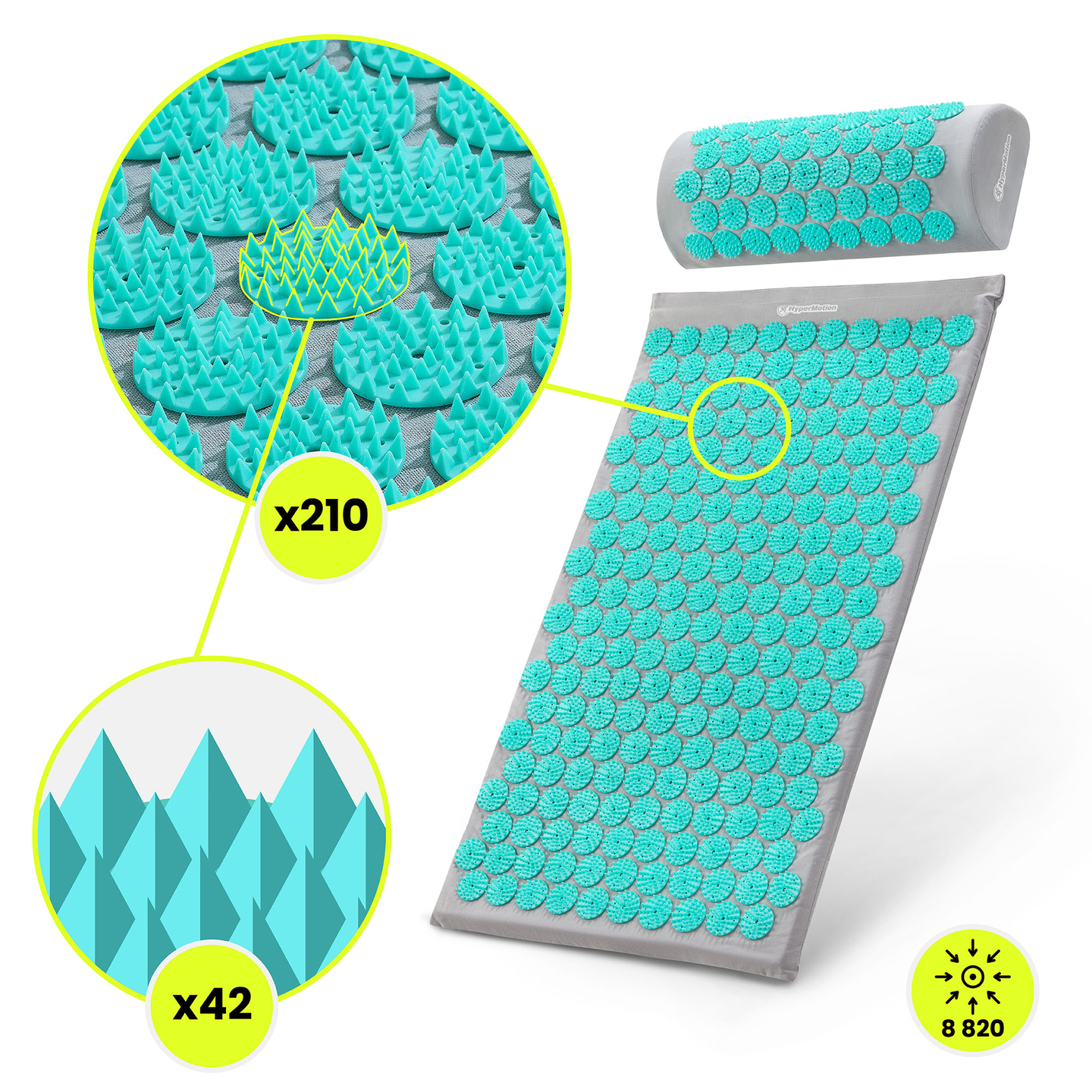 Esterilla de acupresión con almohada y funda - 72 cm HyperMotion gris-menta