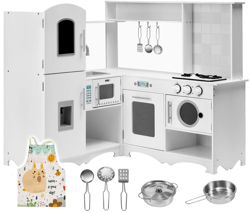 Cocina esquinera de madera XXXL con frigorífico, horno, lavadora, delantal y accesorios.