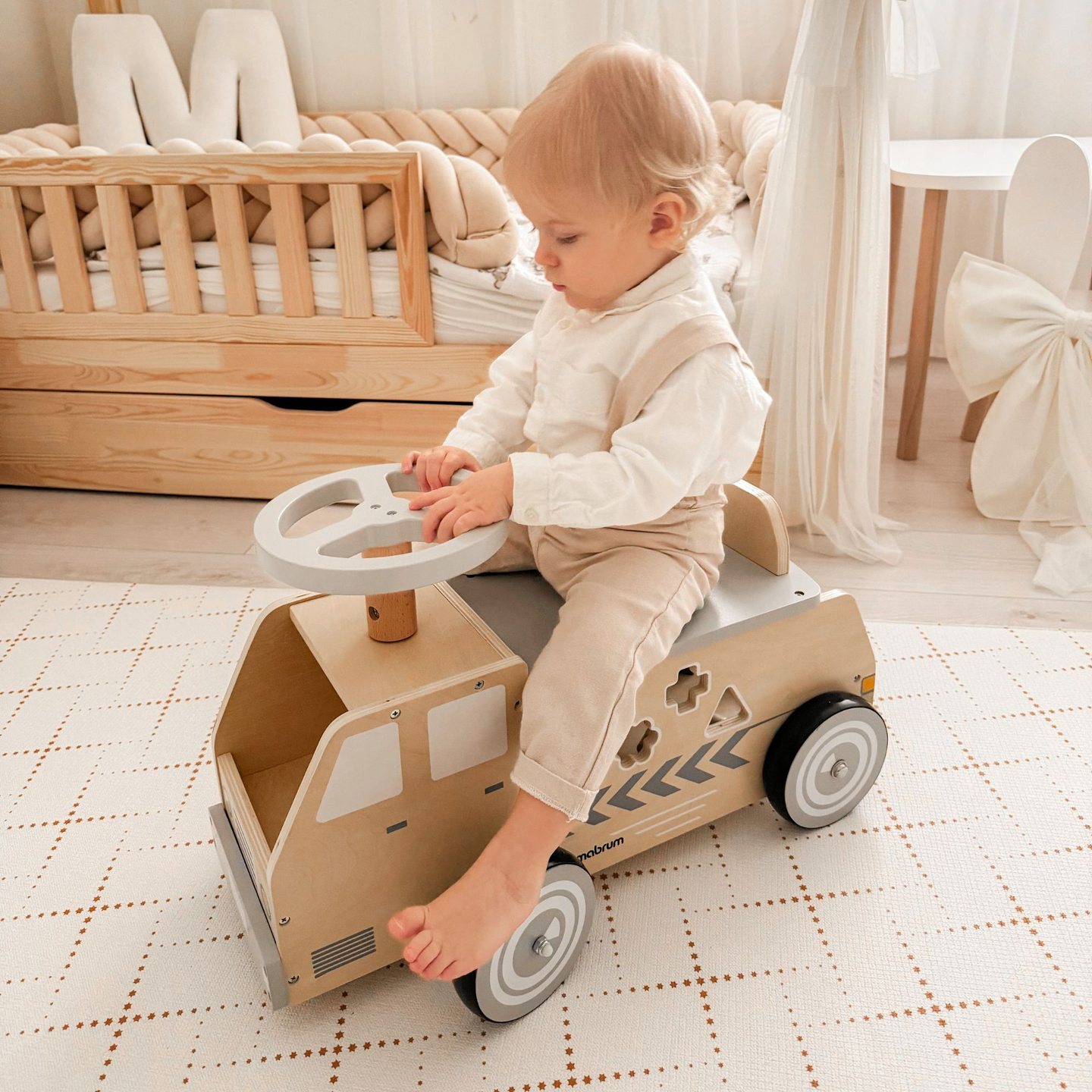 Correpasillos de madera, coche, coche de juguete con bloques