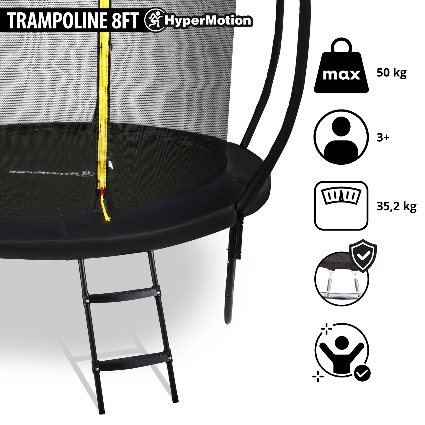Trampolín de jardín para niños HyperMotion - 244 cm 8FT - con escalera y red interna - para casa y jardín