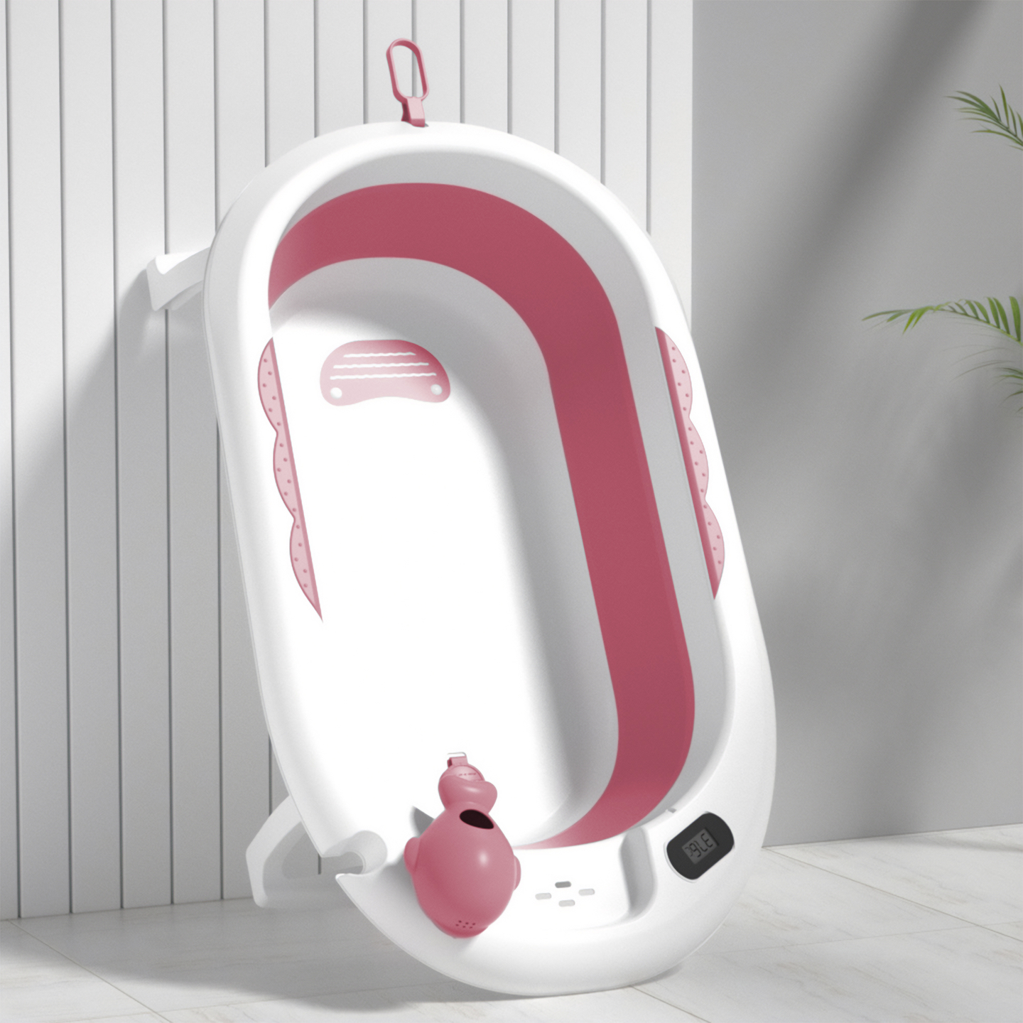 Bañera plegable para bebés con termómetro, inserto y soporte - color rosa sucio