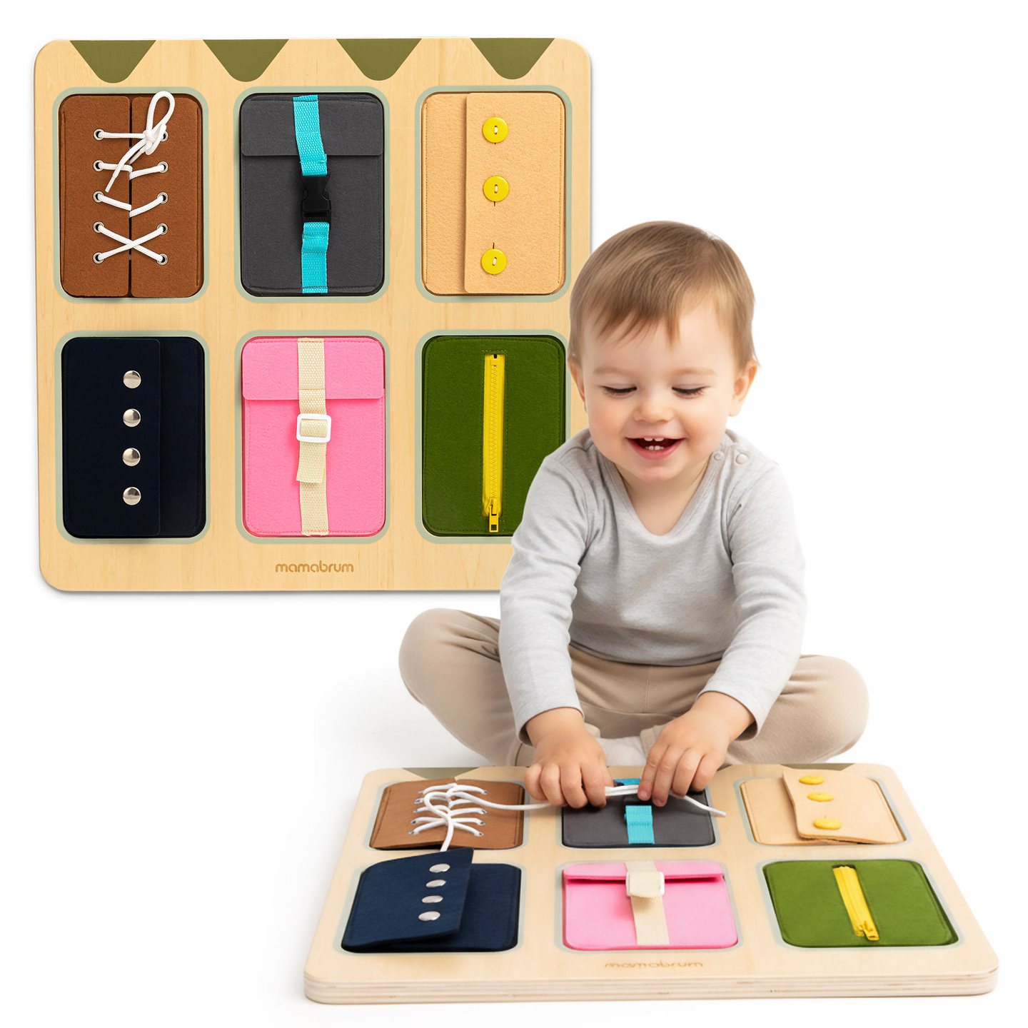 Tablero manipulativo Montessori de madera: Aprendizaje sensorial de la independencia - cordones, hebillas, botones, broches, cremallera