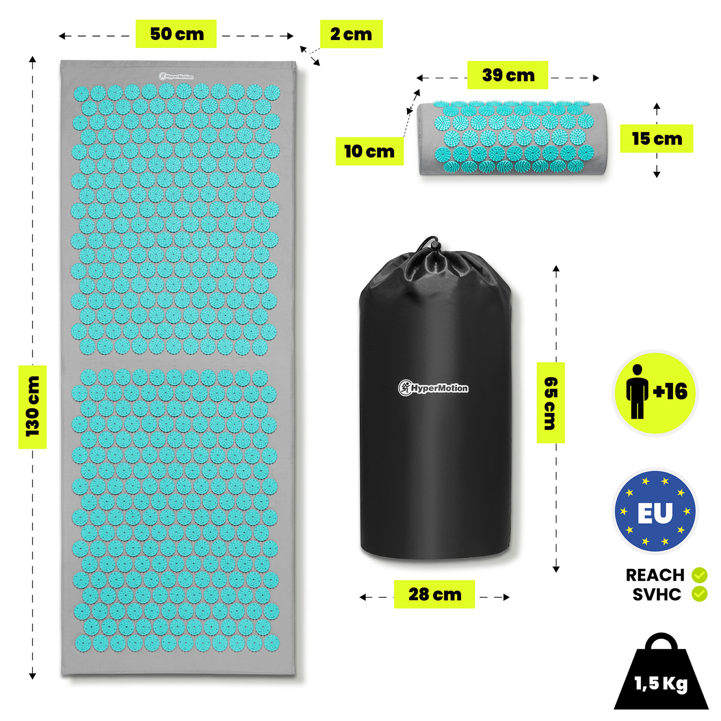 Esterilla de acupresión grande con almohada y funda - 130 cm HyperMotion gris-menta