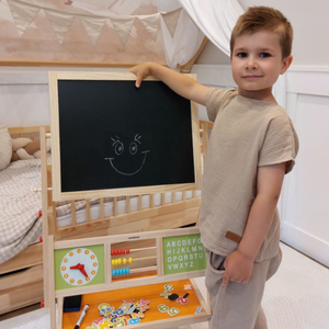 Gran pizarra educativa de dos caras: magnética y pizarra de tiza - pizarra de borrado en seco, madera