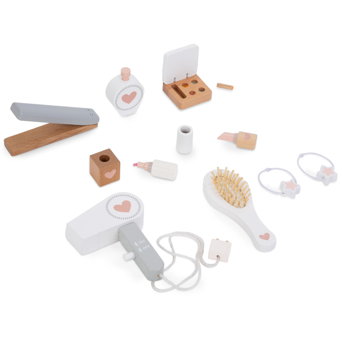 Tocador de madera con taburete y accesorios.