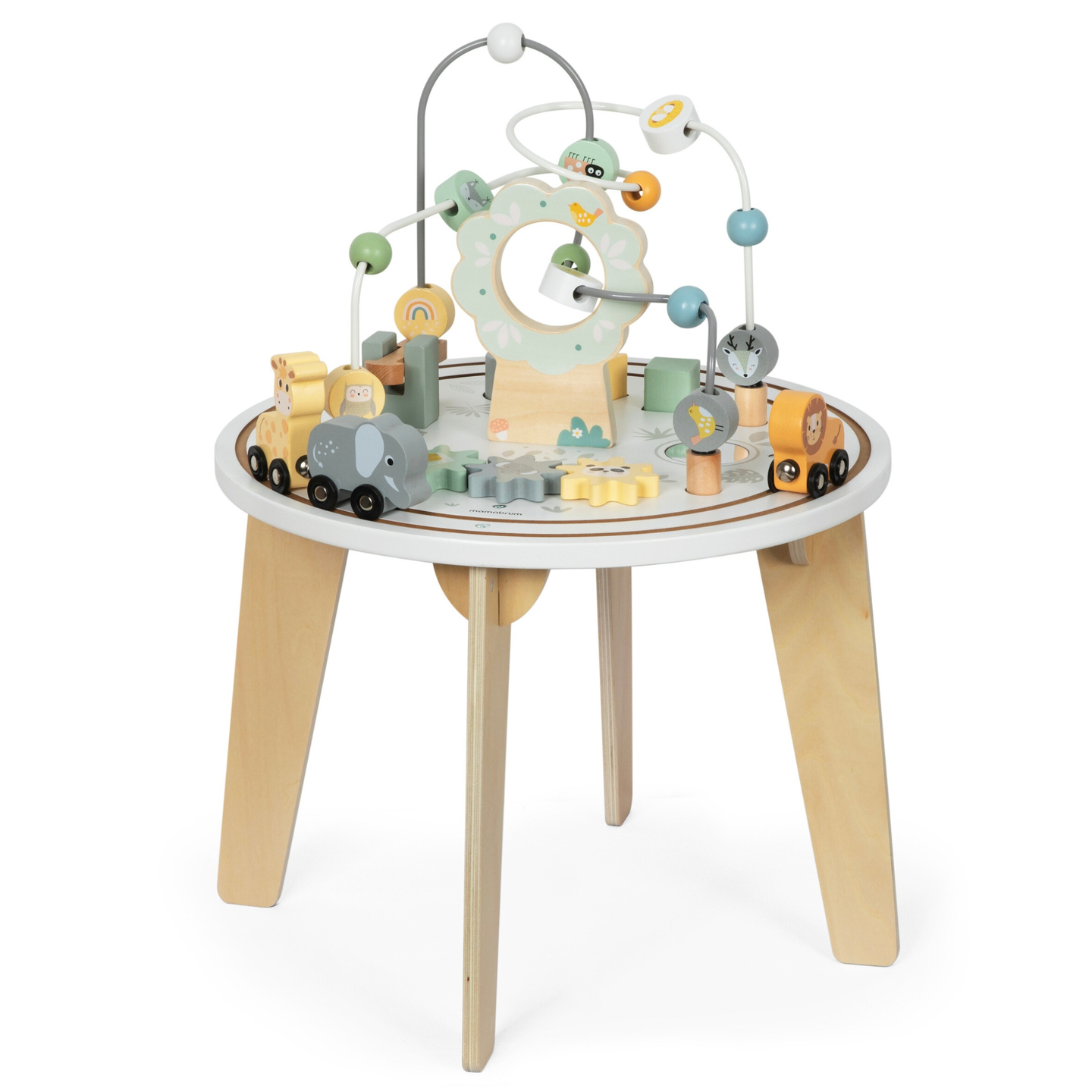 Mesa educativa redonda de madera con tren magnético y lanzador de cuentas.