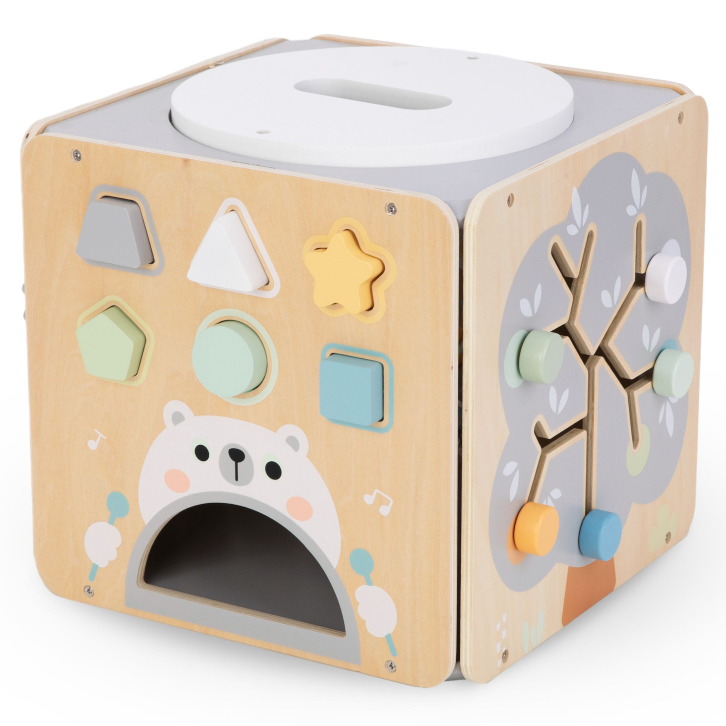 Gran cubo de actividades de madera con bucle - Montessori