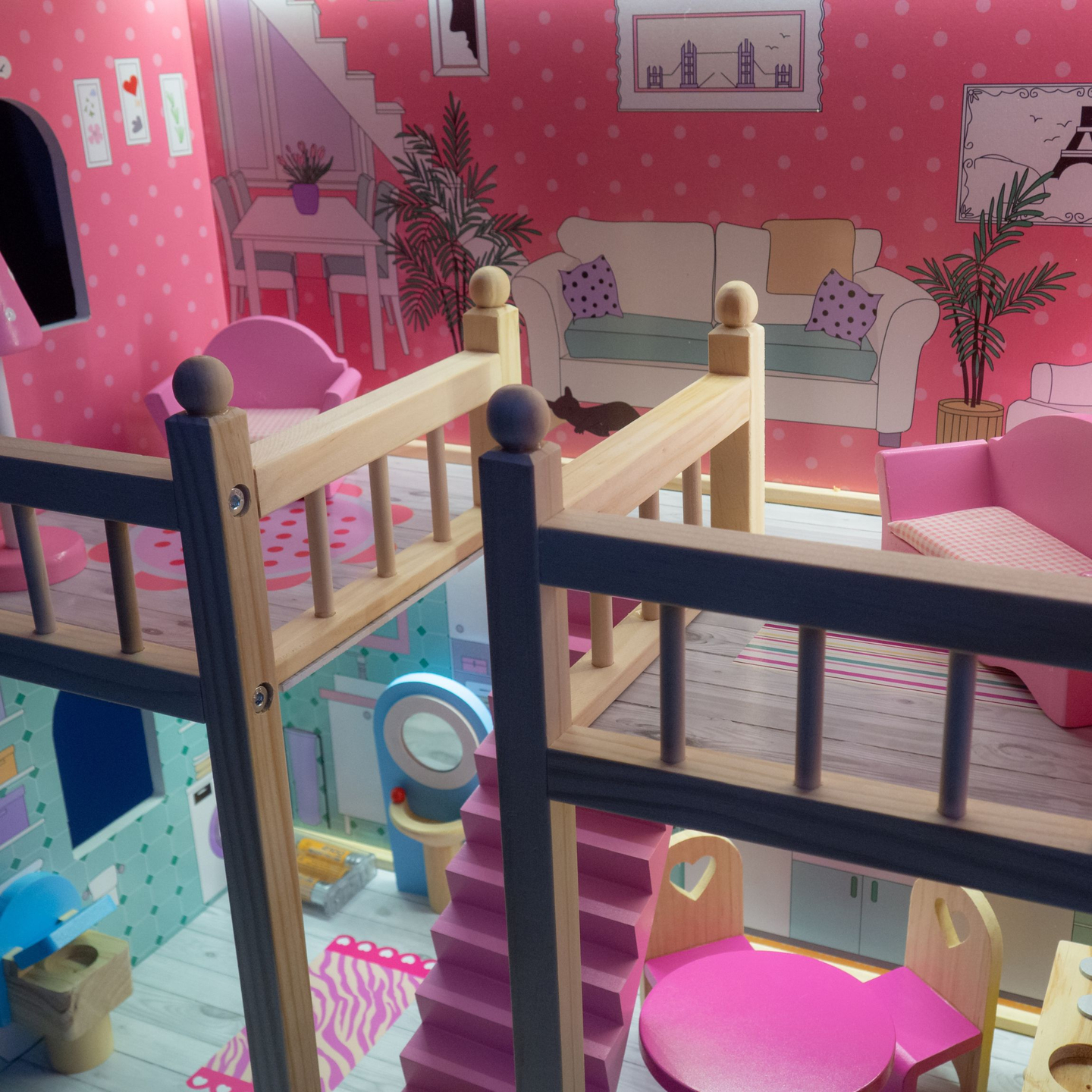 ¡Gran casa de muñecas de madera de 3 pisos con terraza, juego de muebles e iluminación LED!