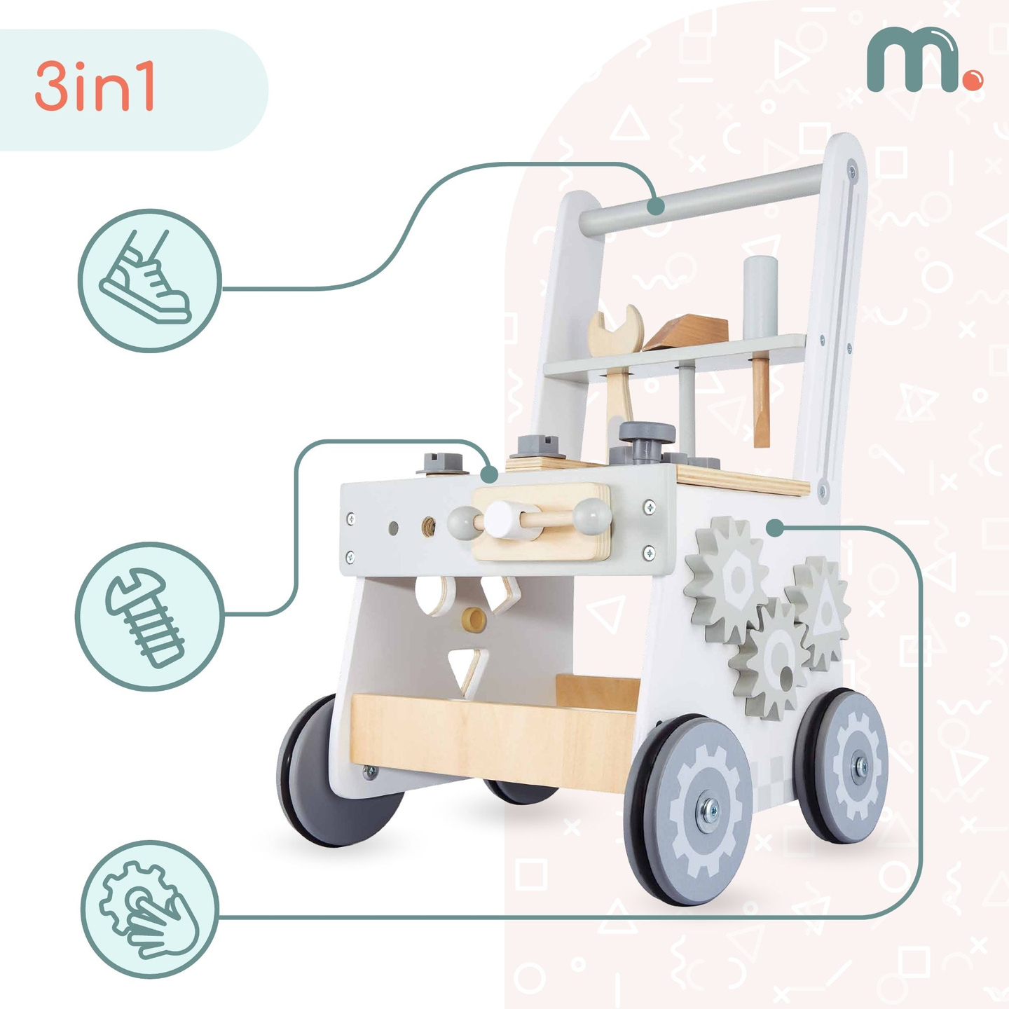 Andador de madera 3en1, empujador + taller - 47 elementos