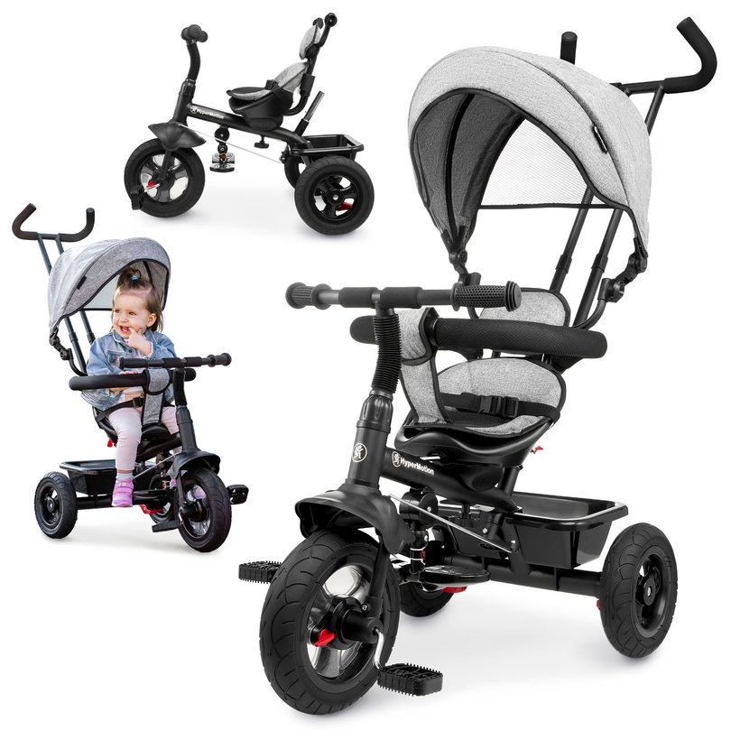 Triciclo para niños de 1 a 4 años - TOBI FREY - color gris - giratorio - ruedas hinchables + empujador