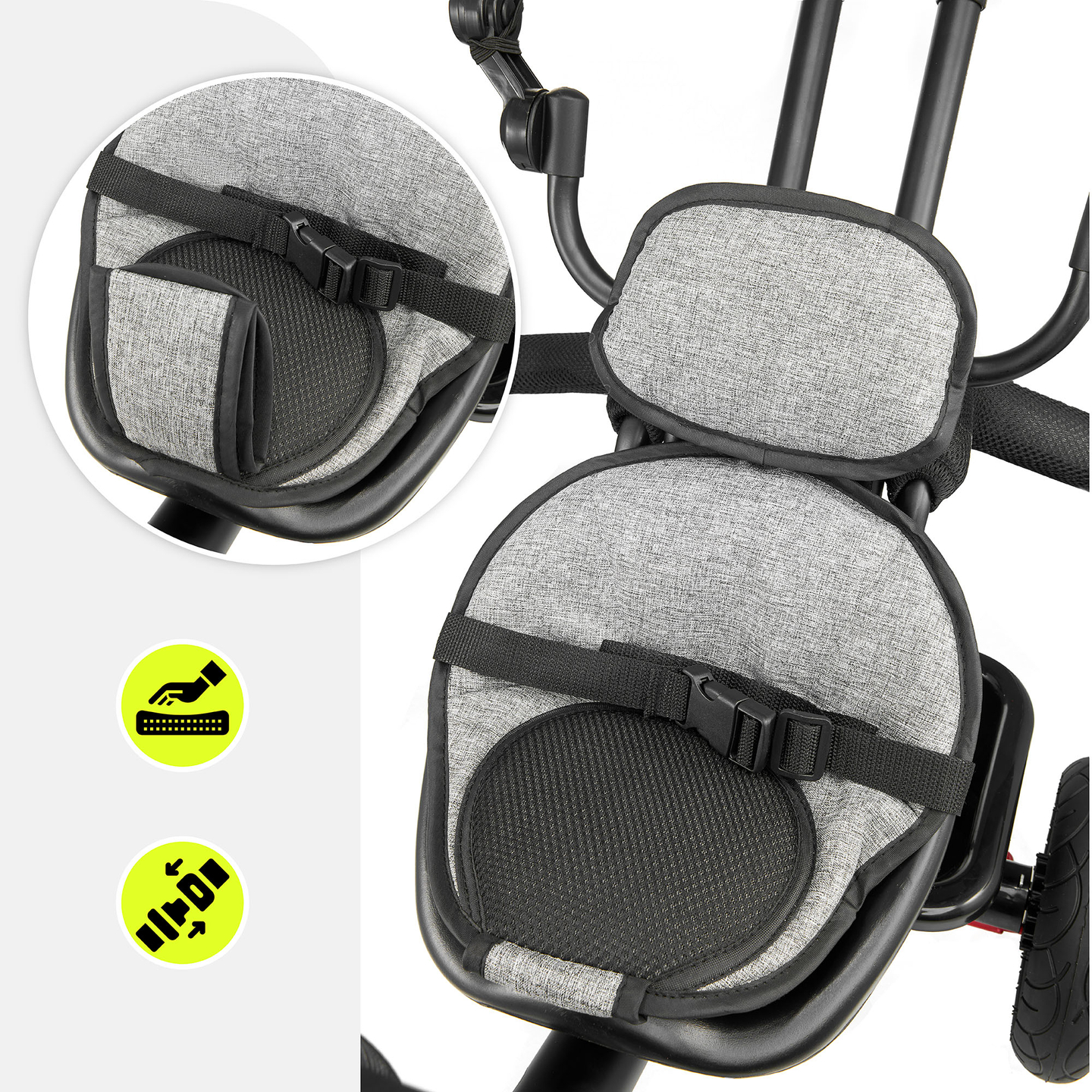 Triciclo para niños de 1 a 4 años - TOBI FREY - color gris - giratorio - ruedas hinchables + empujador