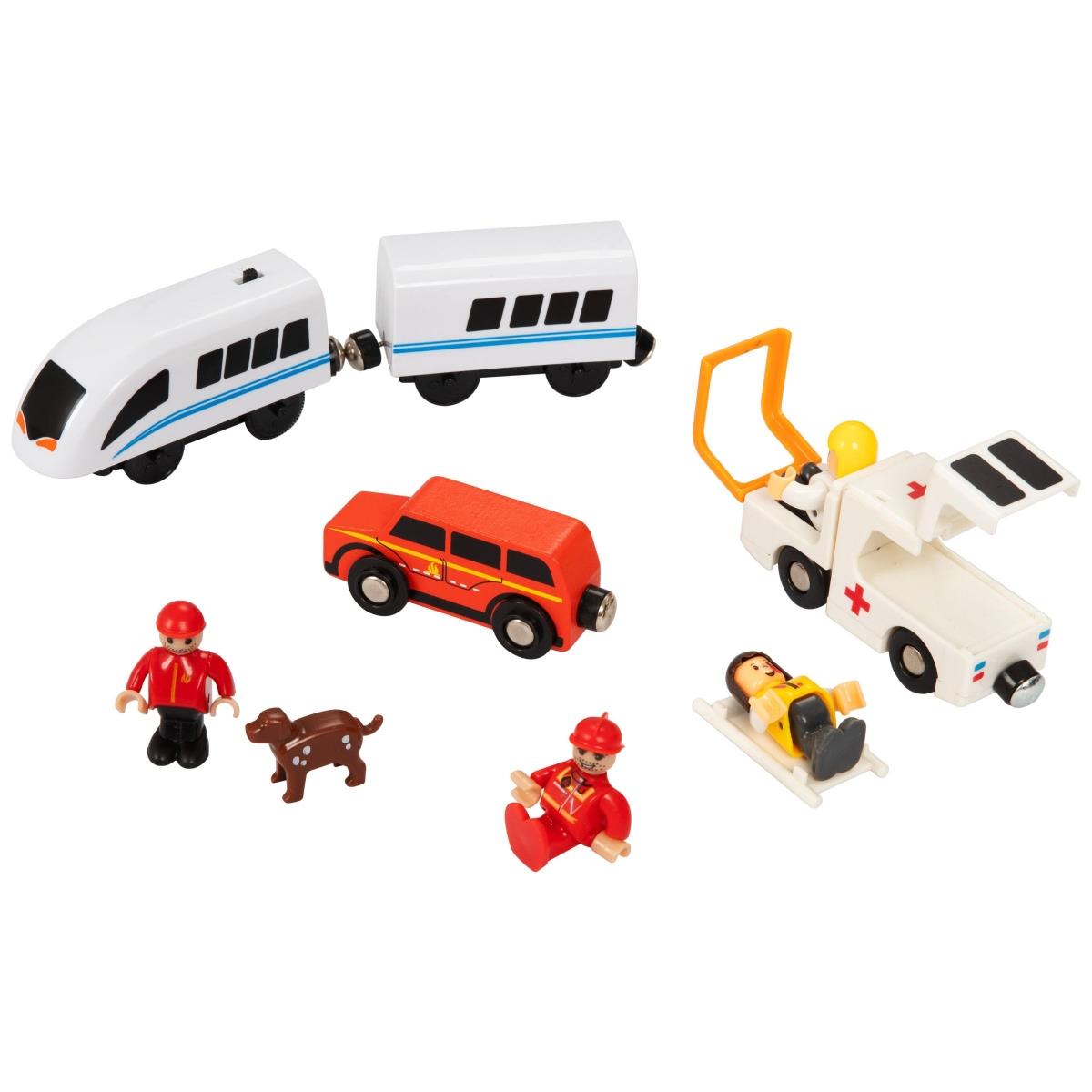 Tren de madera, tren a batería - Bomberos, vías, vagones, puentes, barrera