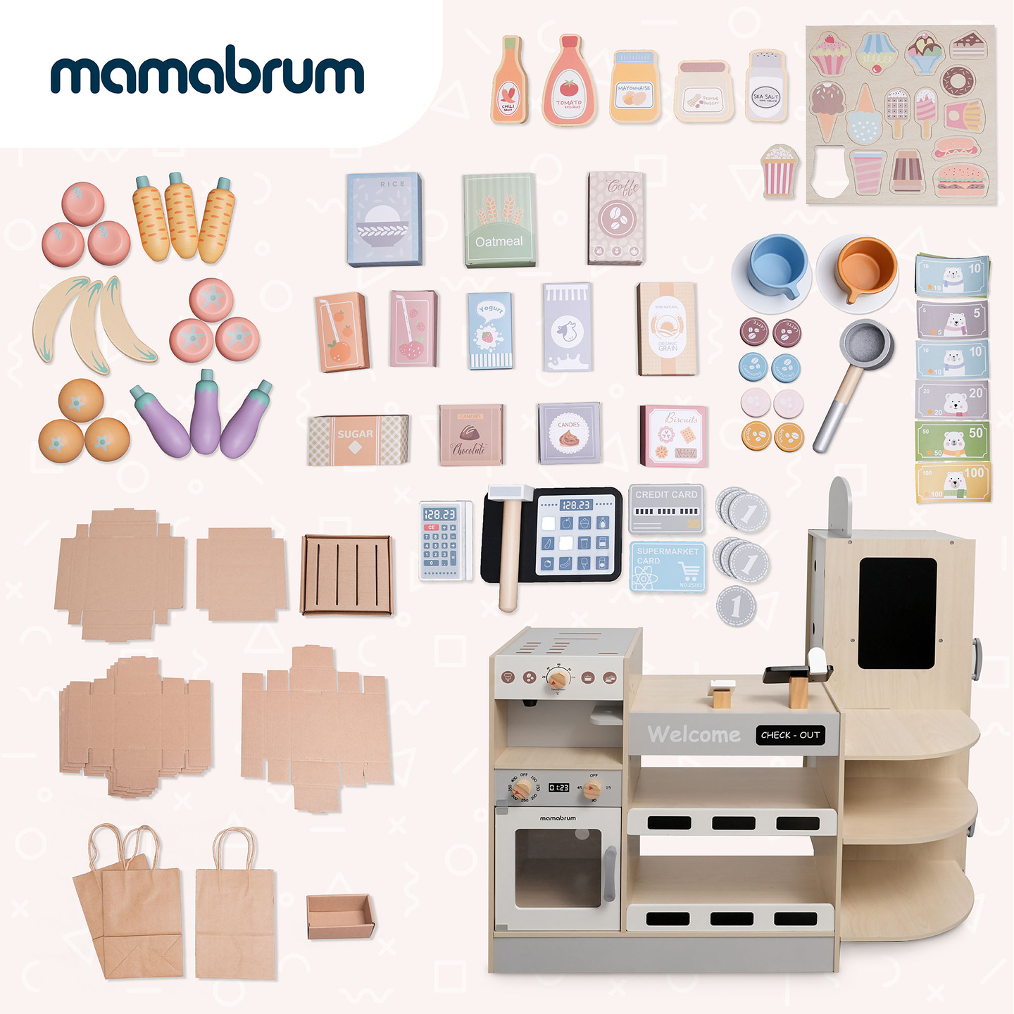 Gran tienda de madera XXXL para niños con barra de comida rápida - Tienda de la esquina + Cafetera + Horno + Nevera - 106 ac.