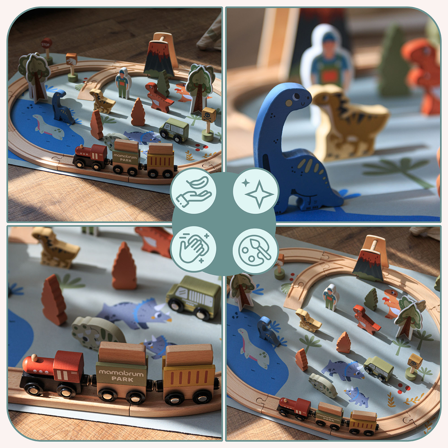 Tren de madera Dino Park con alfombra antideslizante - dinosaurios, tren, vías, volcán, campana