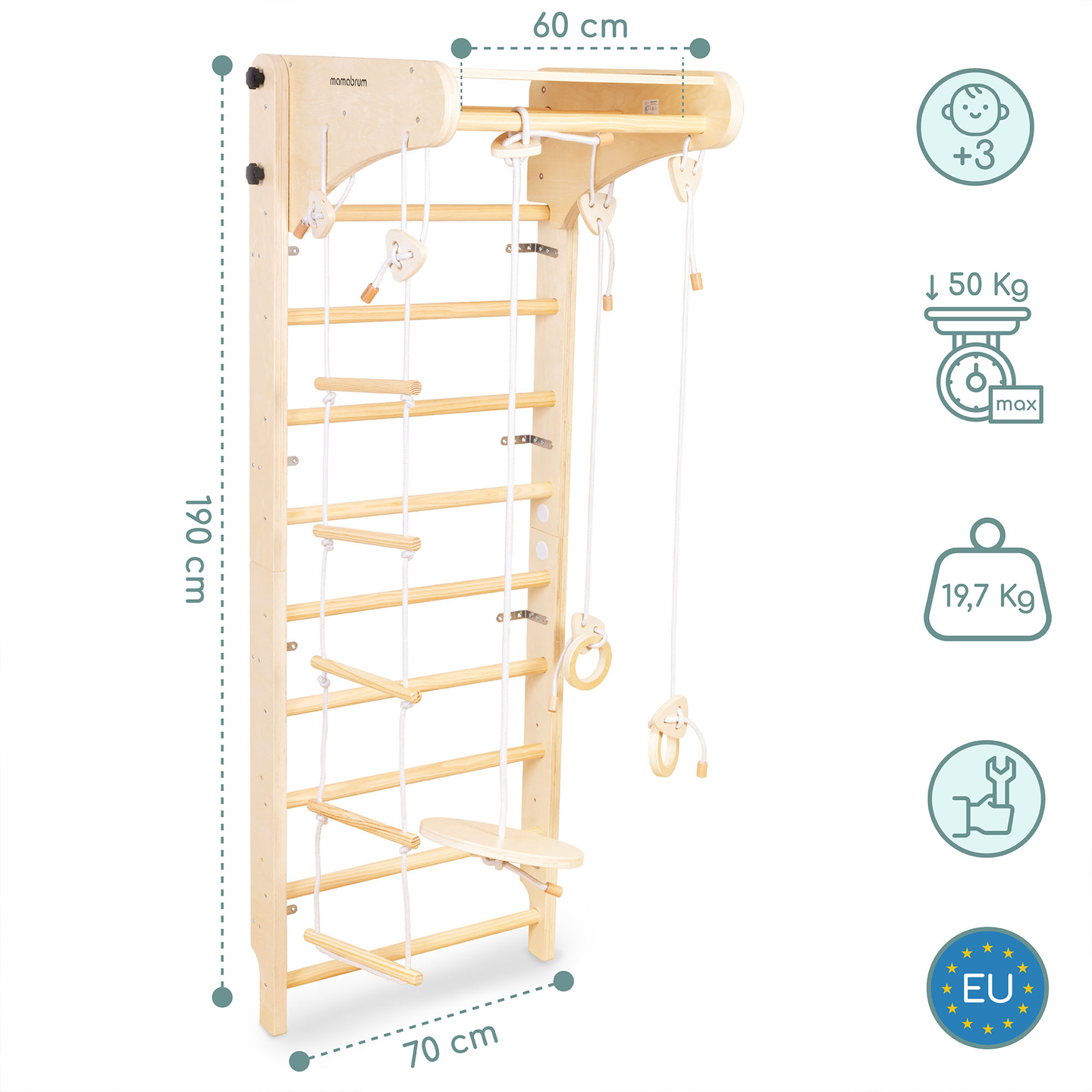 Escalera de gimnasia de madera para niños con accesorios: columpio de plato, anillas de gimnasia y escalera de cuerda.