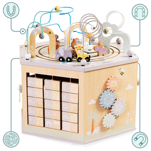 Cubo educativo de madera grande: un juguete Montessori con tren magnético y bucles de motor