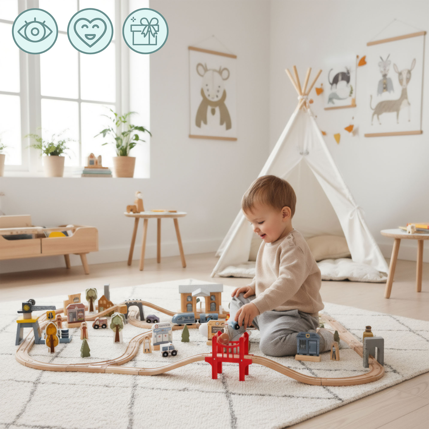 Ferrocarril urbano de madera con tren eléctrico: grúa móvil, barco, puentes