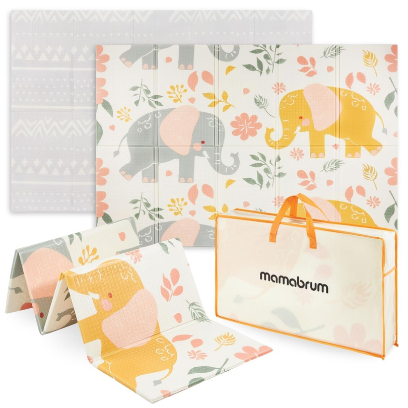 Estera de espuma plegable por las dos caras 180 x 120 x 1cm - Elefantes exóticos/Gris delicado