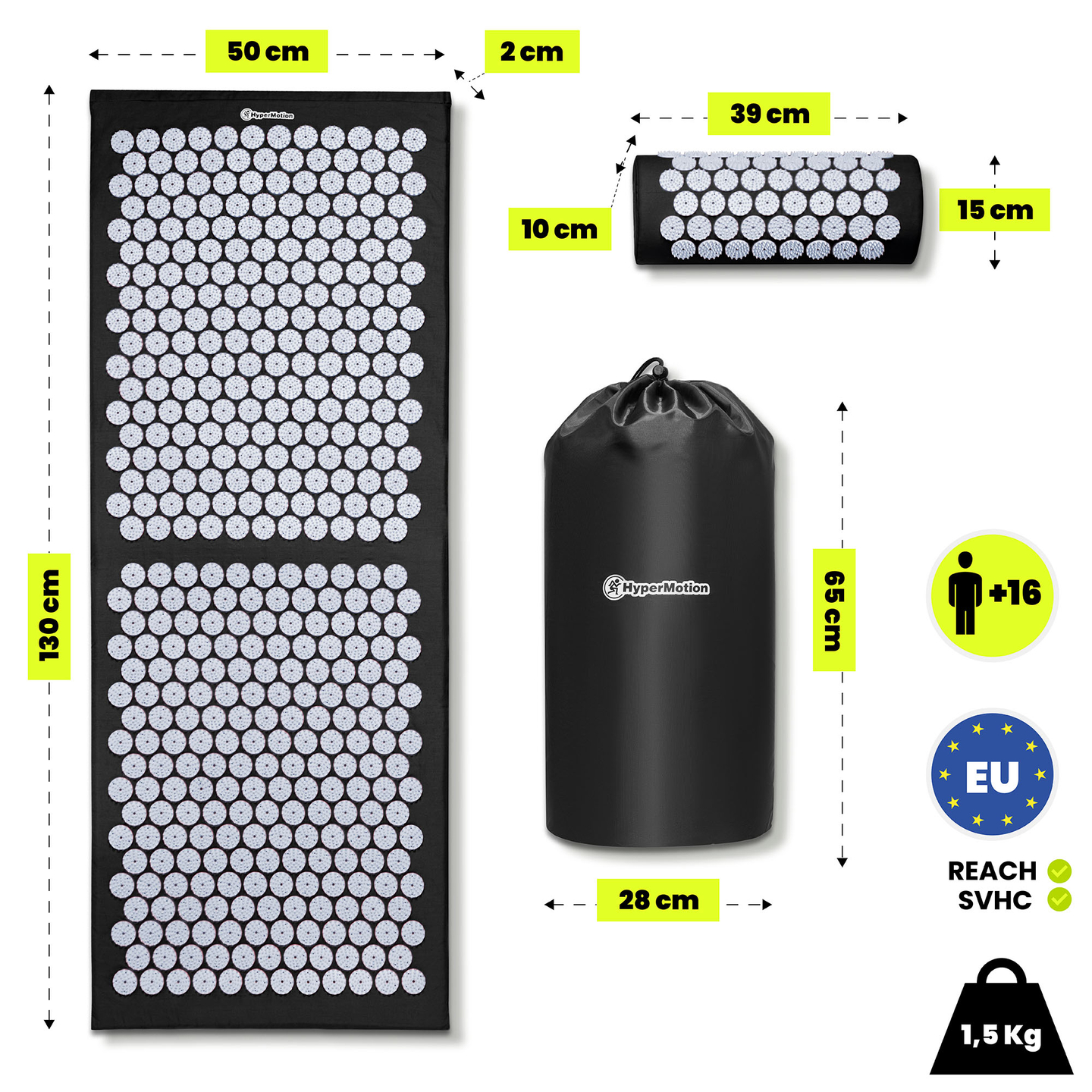 Esterilla de acupresión grande con almohada y funda - 130 cm HyperMotion blanco y negro