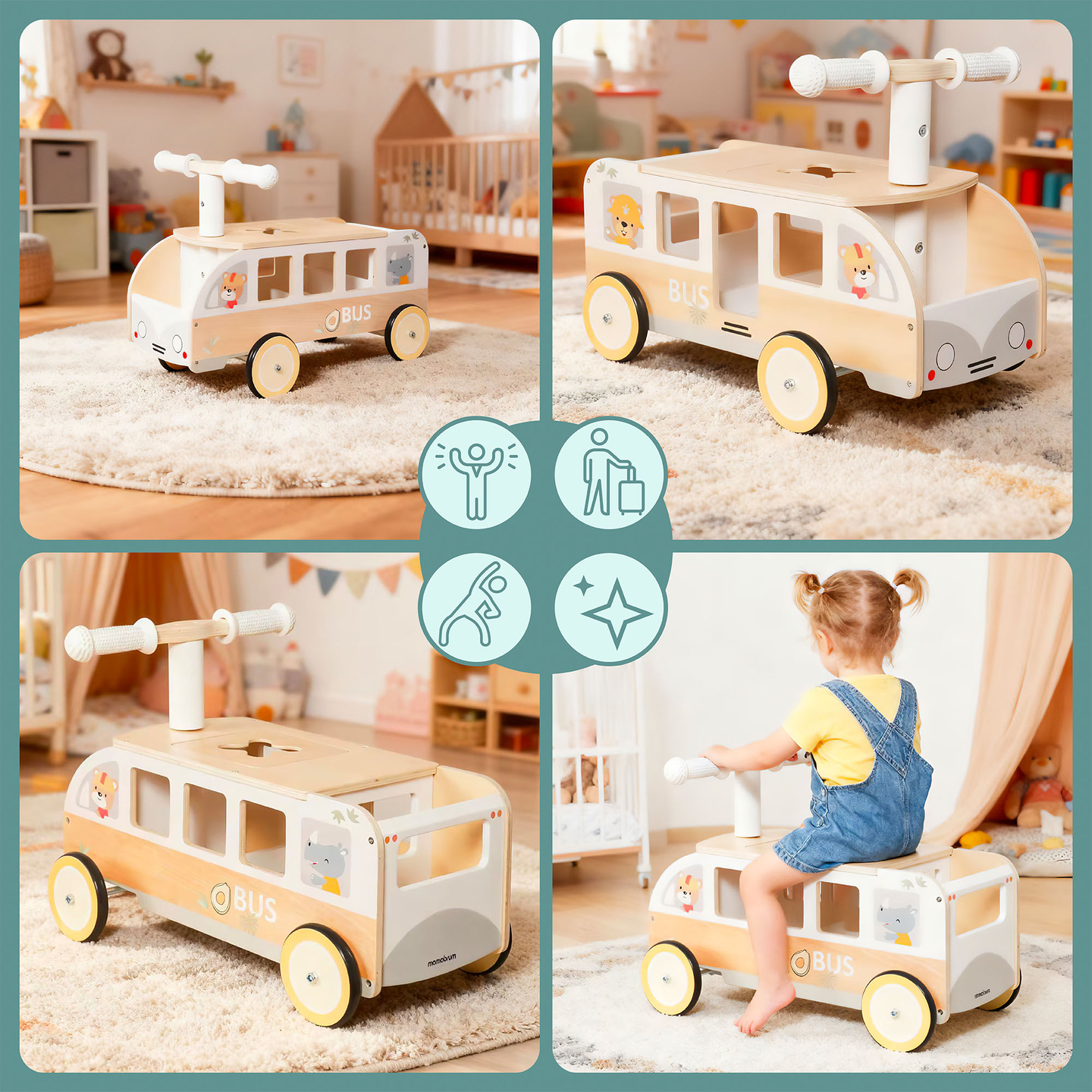 Autobús de madera para niños - Autobús con compartimentos de almacenamiento y espacio para peluches