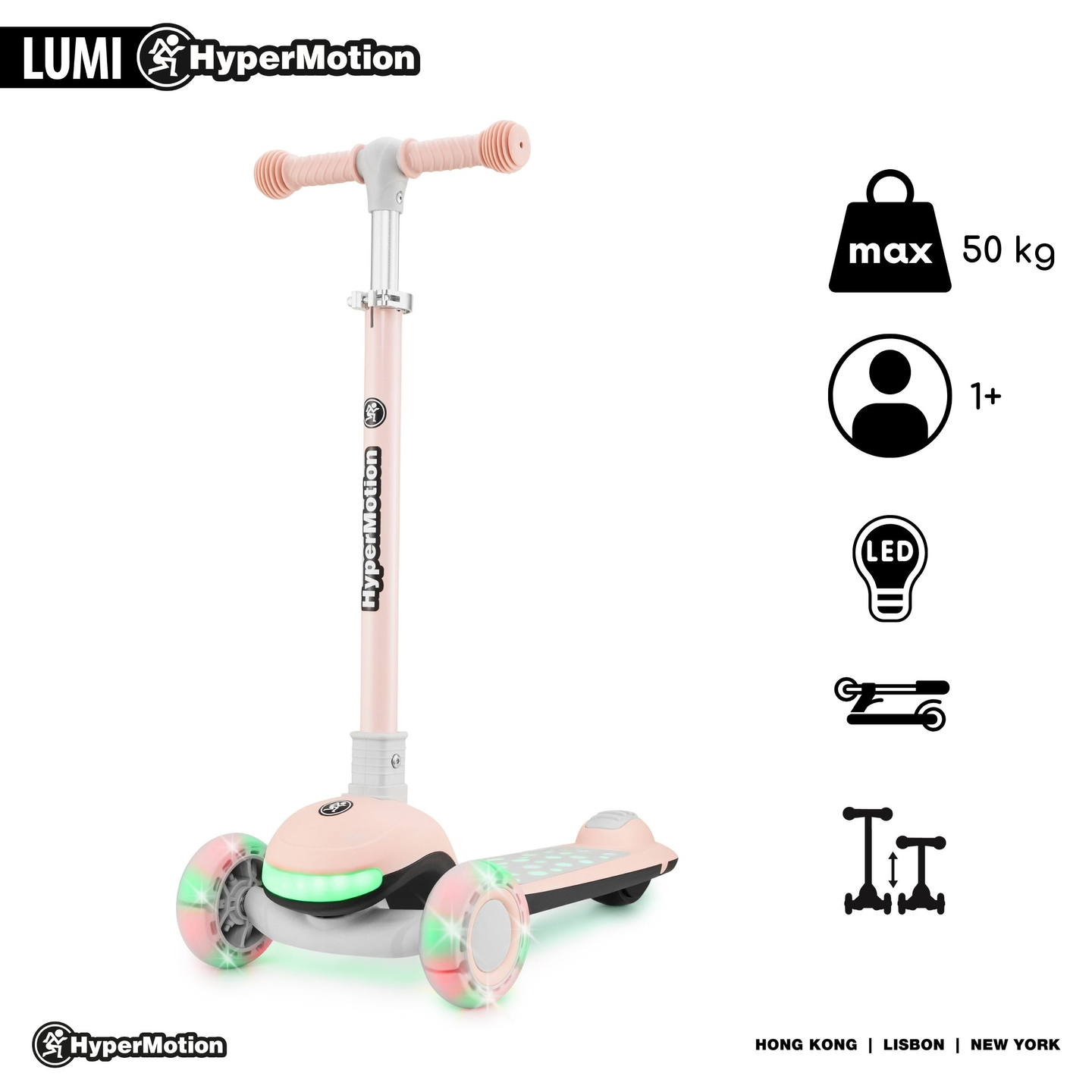 Patinete de equilibrio 3 en 1 HyperMotion LUMI - plataforma iluminada y ruedas LED, color rosa