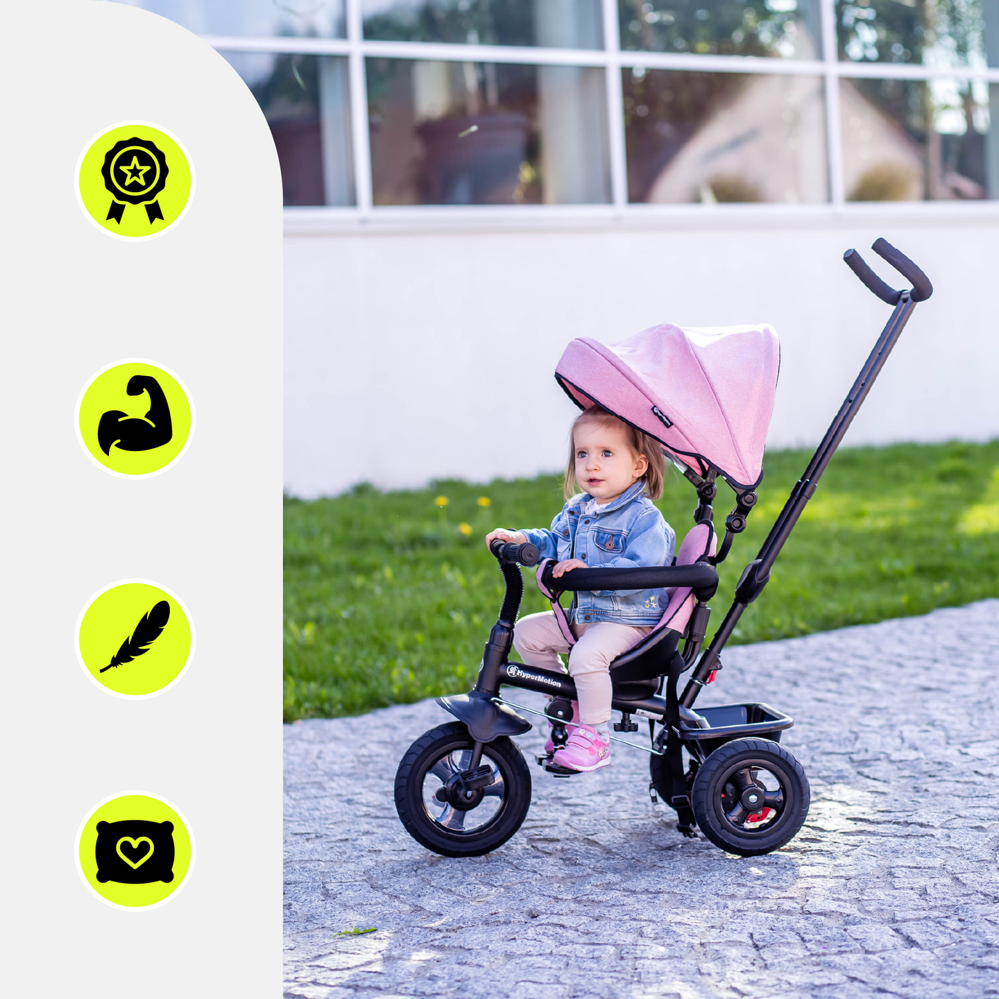 Triciclo para niños de 1 a 4 años - TOBI FREY - rosa - giratorio - ruedas hinchables + empujador