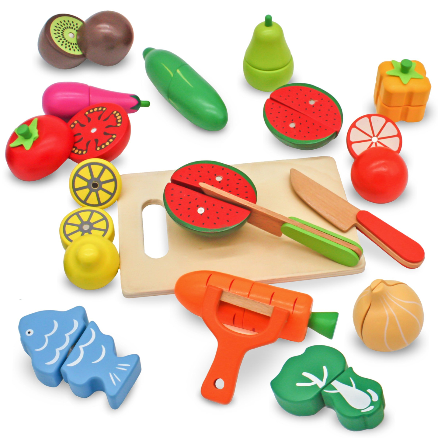 Frutas y verduras de madera para cortar.