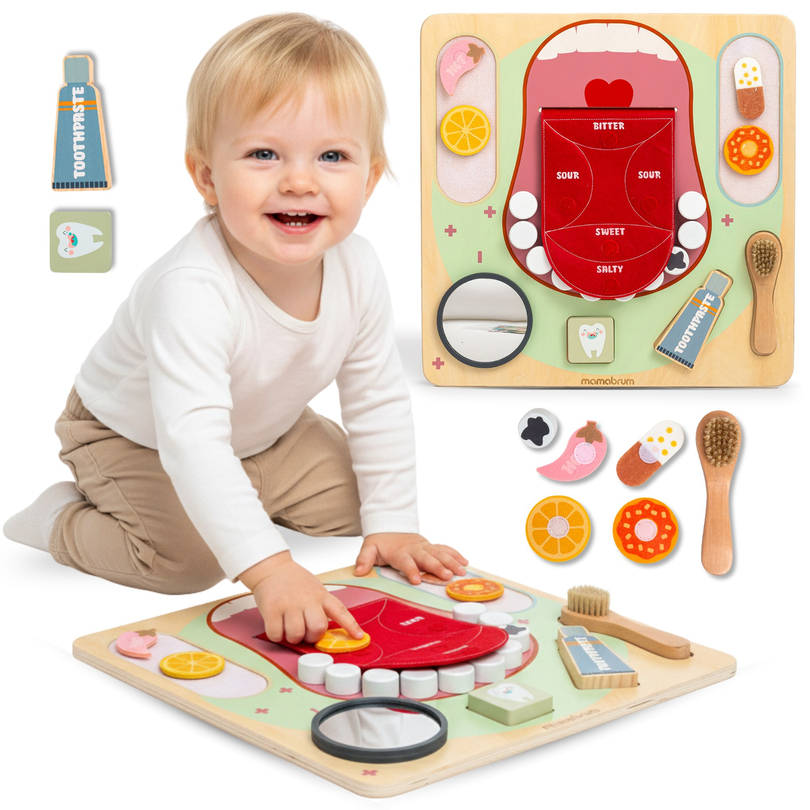 Tablero educativo Montessori de madera Pequeño Dentista: cepillo de dientes, pasta, dientes extraíbles, espejo, comida, sabores de aprendizaje