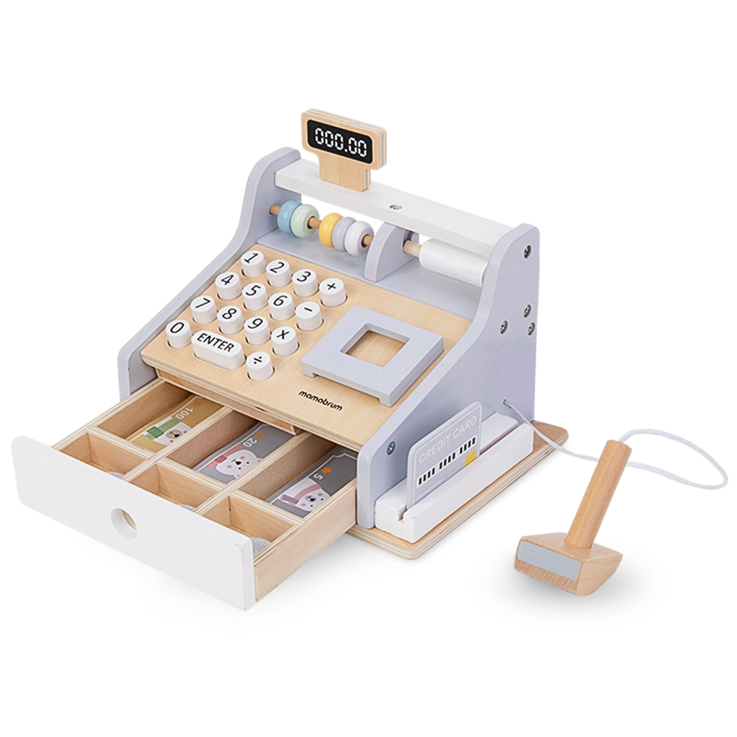 Caja registradora de madera con accesorios.