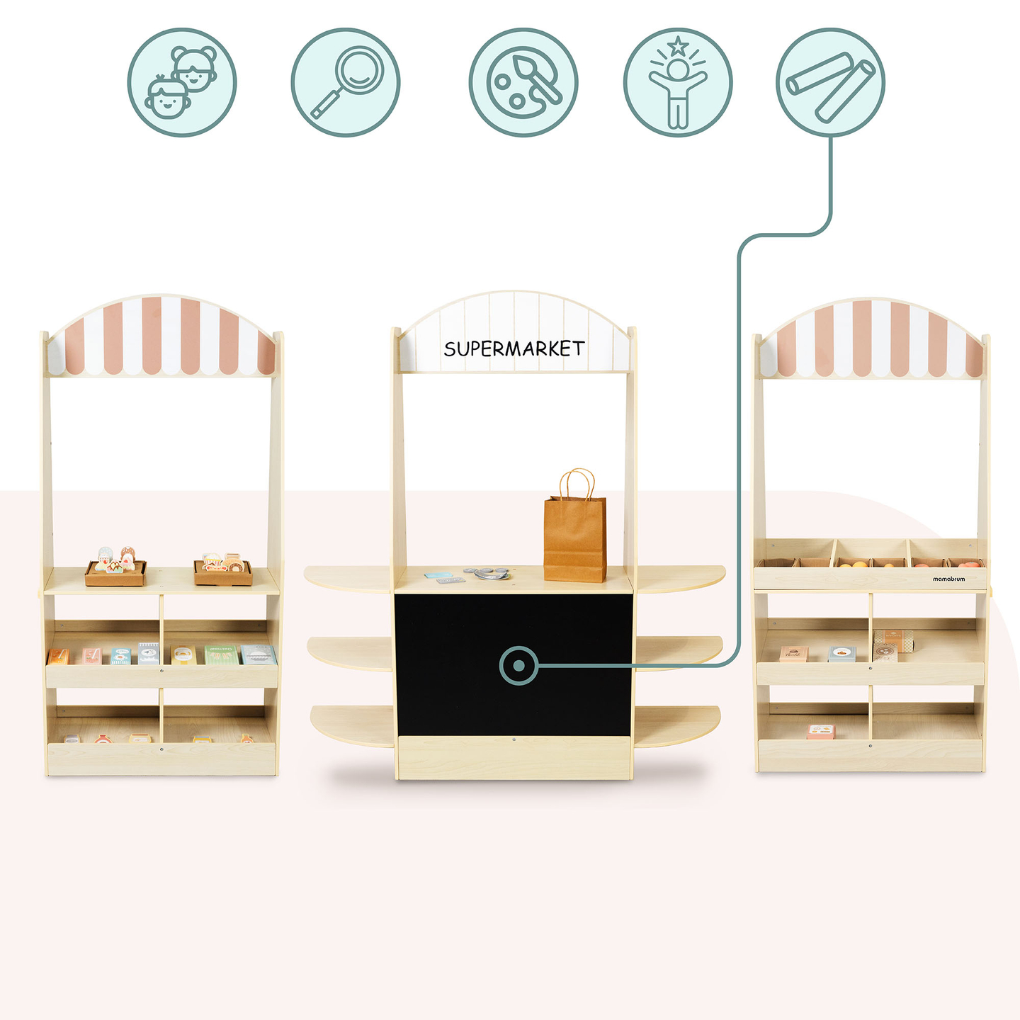 Gran tienda infantil de madera con pizarra: ¡91 piezas para divertirse comprando!