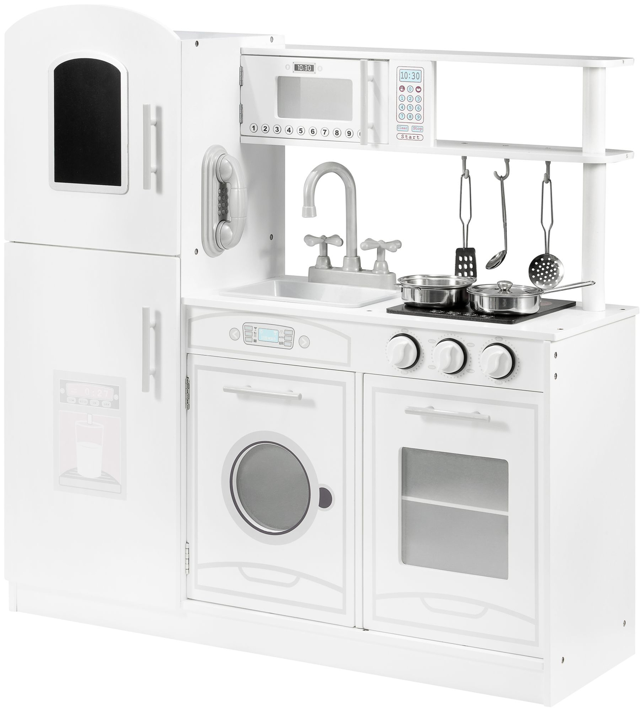 Grandes accesorios de cocina blancos de madera y delantal.