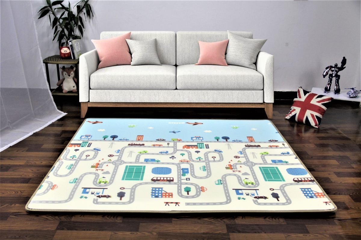 Alfombra de espuma XXL de doble cara - Rollo de 2 CM (carretera y bosque con osito)