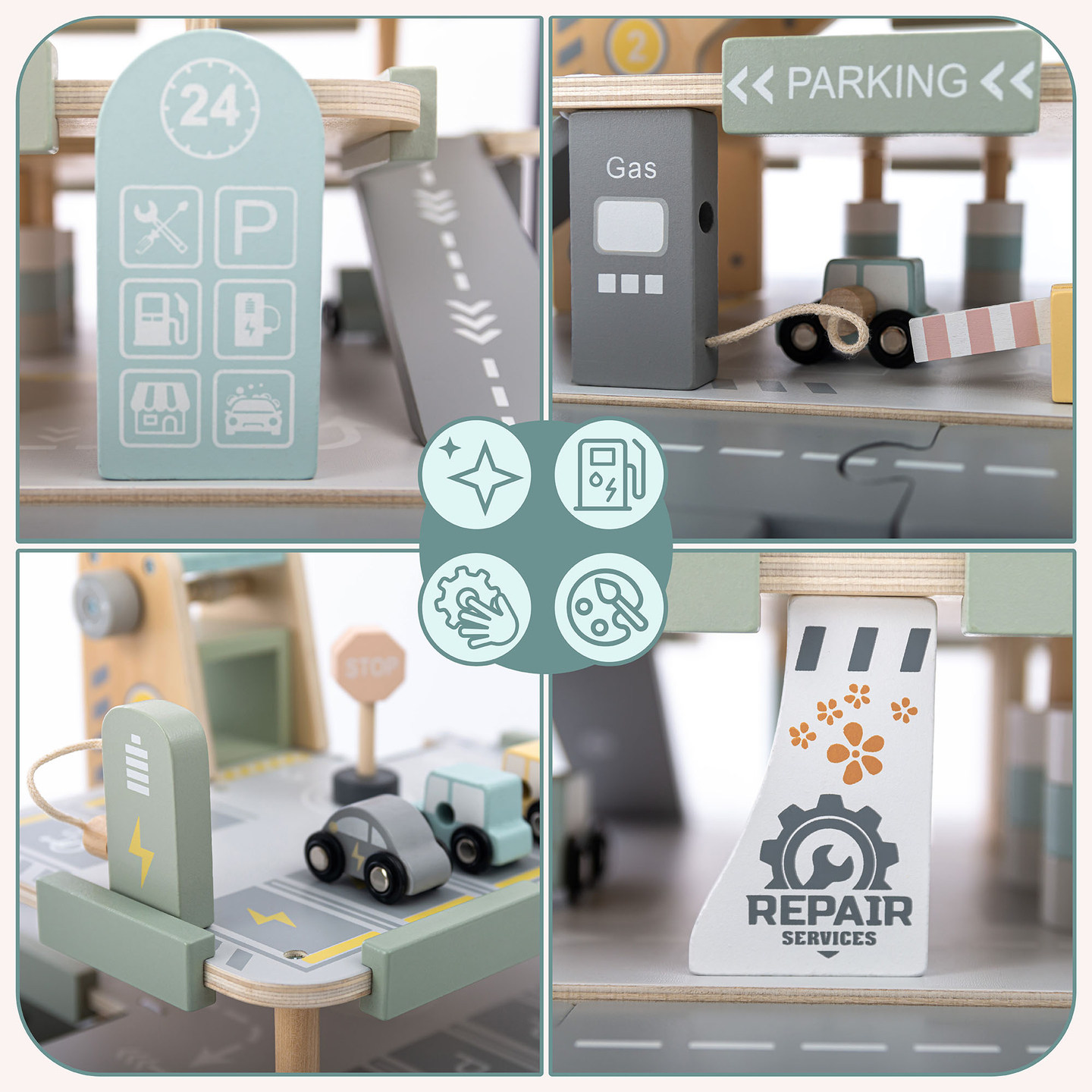 Garaje de madera de tres plantas para niños con accesorios: aparcamiento, gasolinera, lavadero de coches, helicóptero.